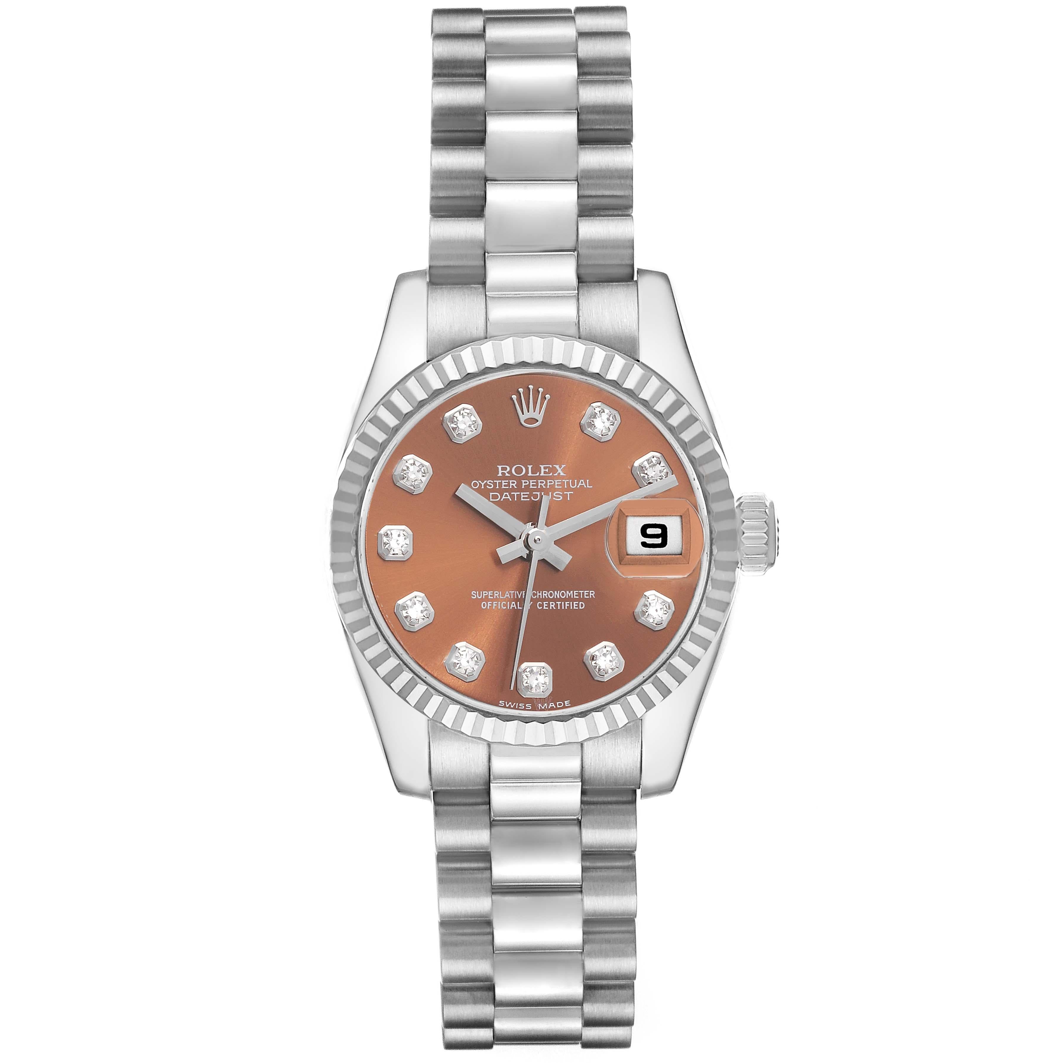 Rolex Datejust President White Gold Diamond Ladies Watch 179179 Box Papers. Officially certified chronometer self-winding movement. 18k white gold oyster case 26.0 mm in diameter. Rolex logo on a crown. 18k white gold fluted bezel. Scratch resistant