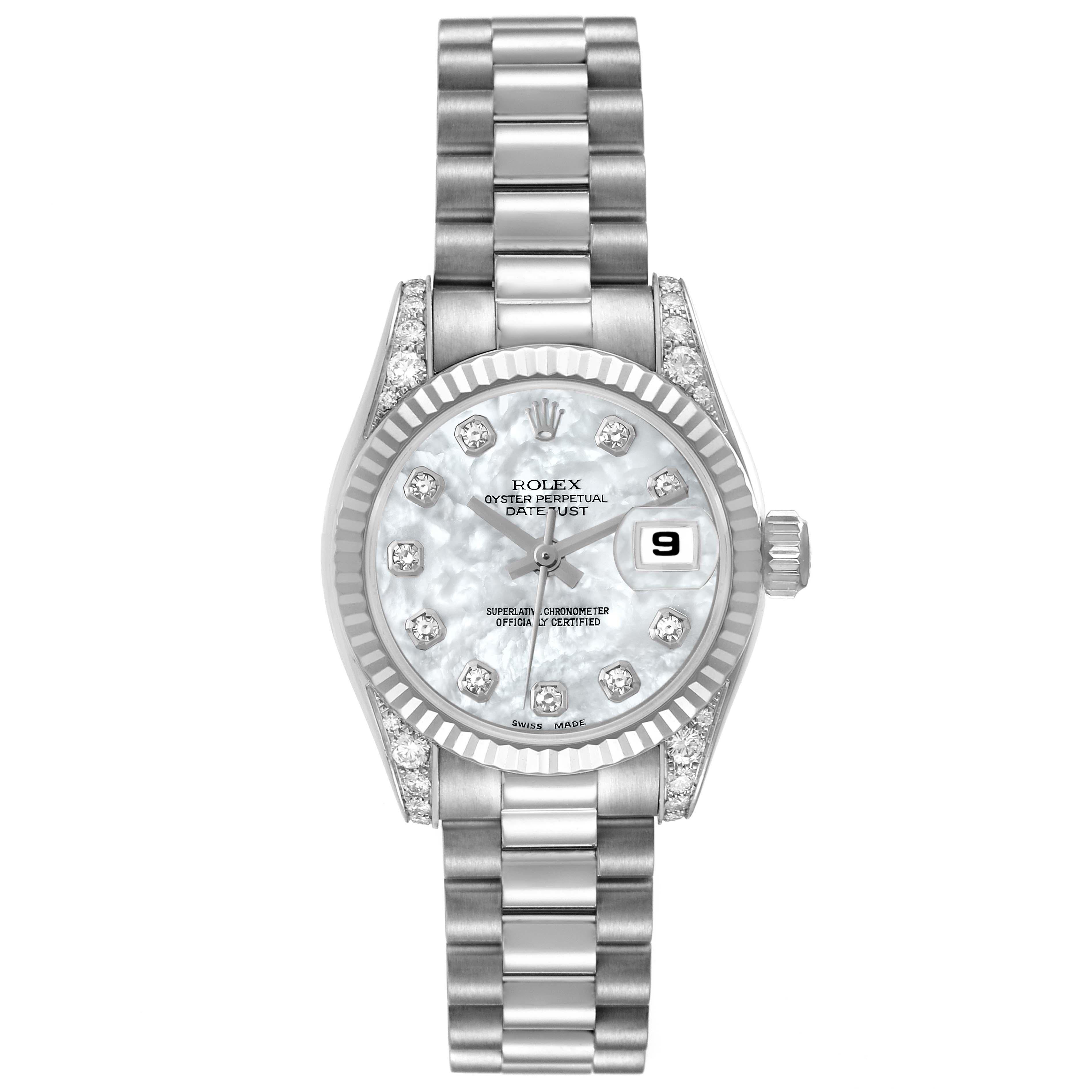 Rolex Datejust President White Gold MOP Dial Diamond Ladies Watch 179159. Officially certified chronometer automatic self-winding movement with quickset date function. 18k white gold oyster case 26.0 mm in diameter. Lugs are set with original Rolex