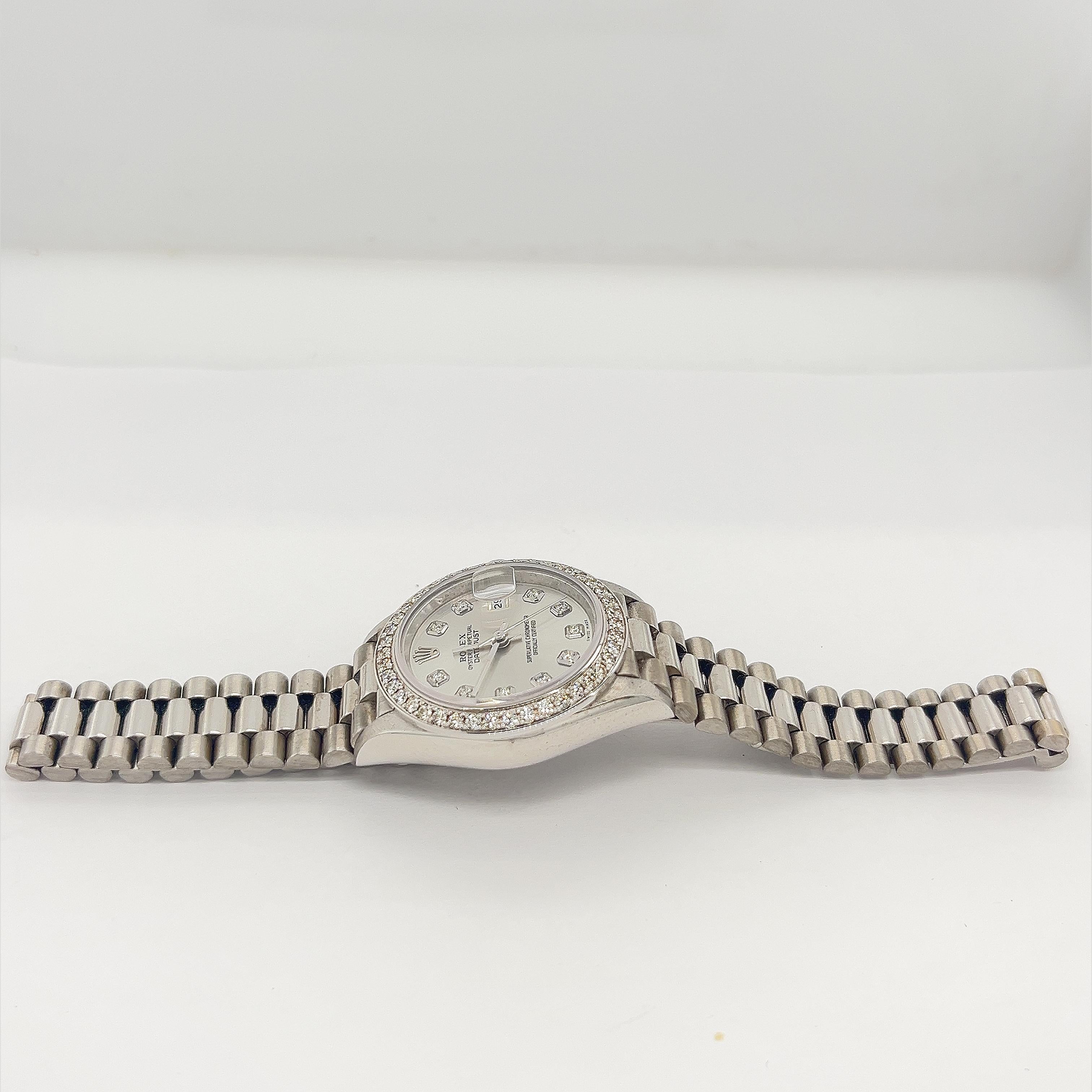 Rolex Datejust President Womens 18K White Gold Silver Diamond Dial & Bezel 26mm In Excellent Condition In Delray Beach, FL