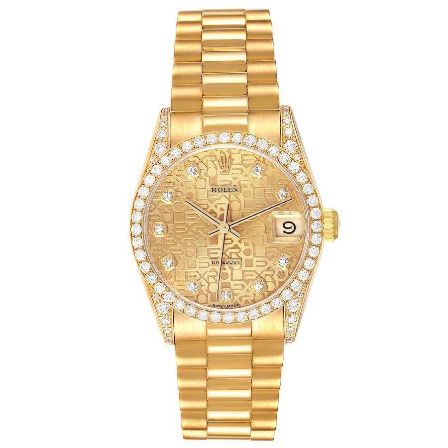 Rolex Datejust President Yellow Gold Anniversary Diamond Dial Ladies Watch 68158. Officially certified chronometer automatic self-winding movement. 18k yellow gold oyster case 31.0 mm in diameter. Rolex logo on the crown. Lugs set with original