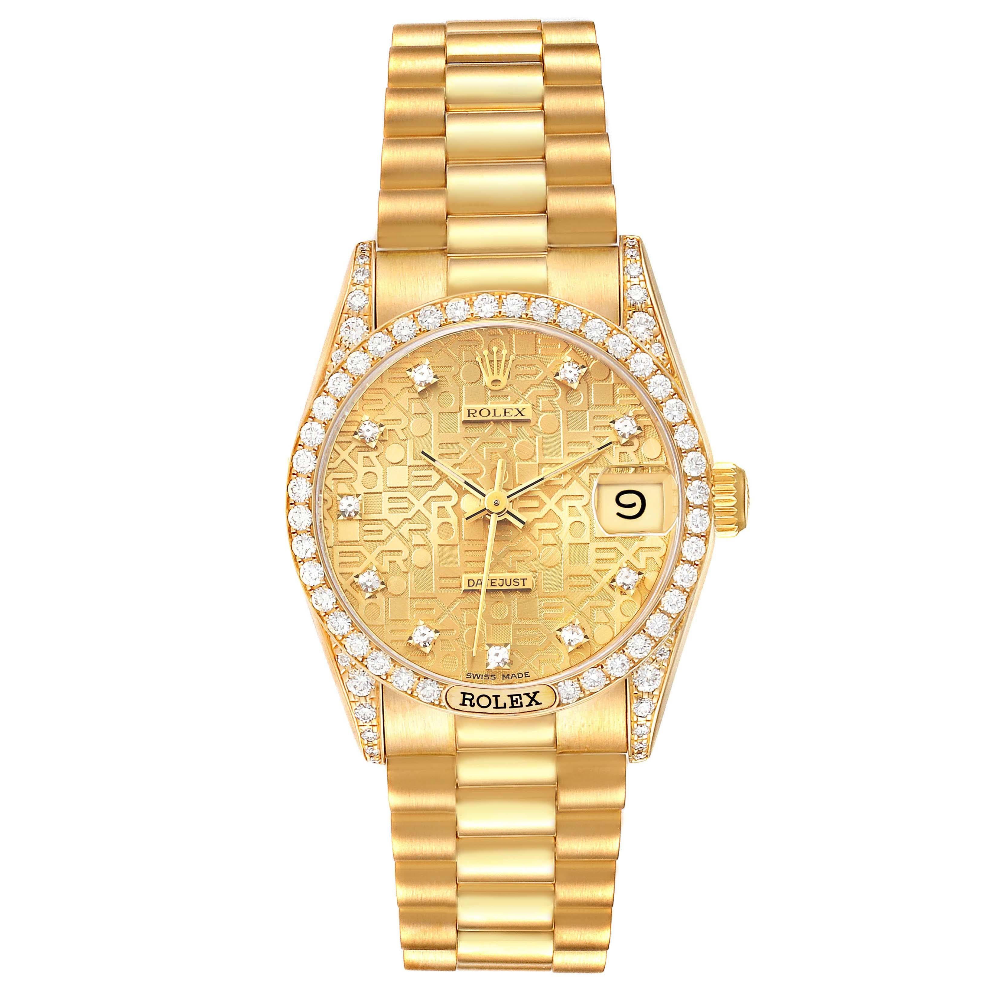Rolex Datejust President Yellow Gold Anniversary Diamond Dial Ladies Watch 68158. Mouvement à remontage automatique certifié chronomètre. Boîtier en or jaune 18 carats de 31,0 mm de diamètre. Logo Rolex sur la couronne. Lunettes serties de diamants