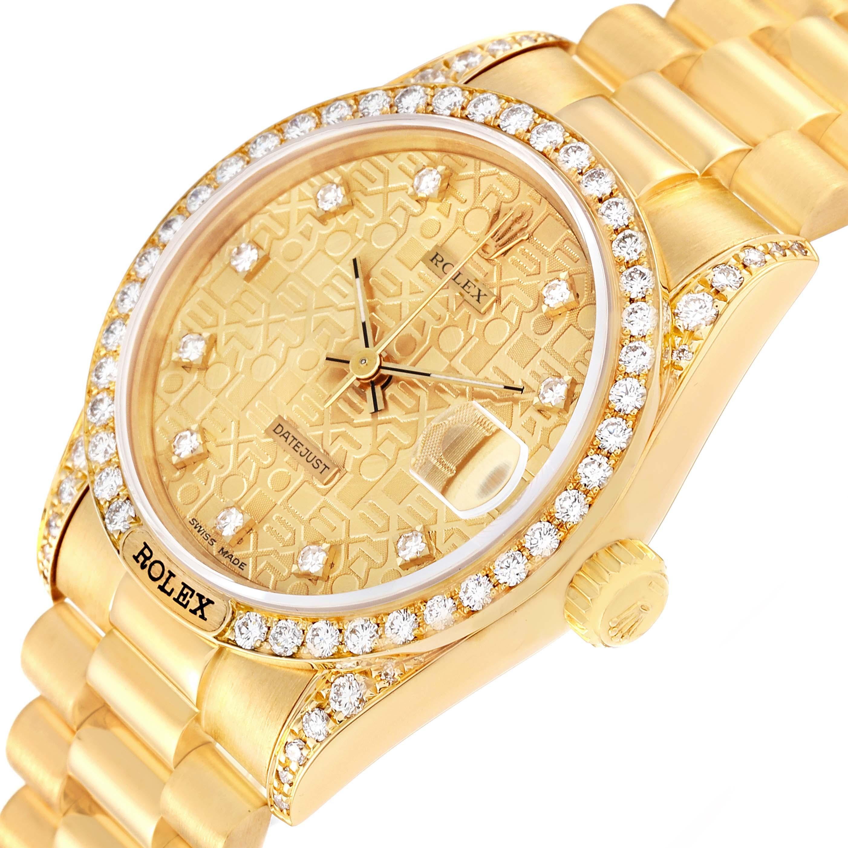 Rolex Datejust President Yellow Gold Anniversary Diamond Dial Ladies Watch 68158 In Excellent Condition For Sale In Atlanta, GA