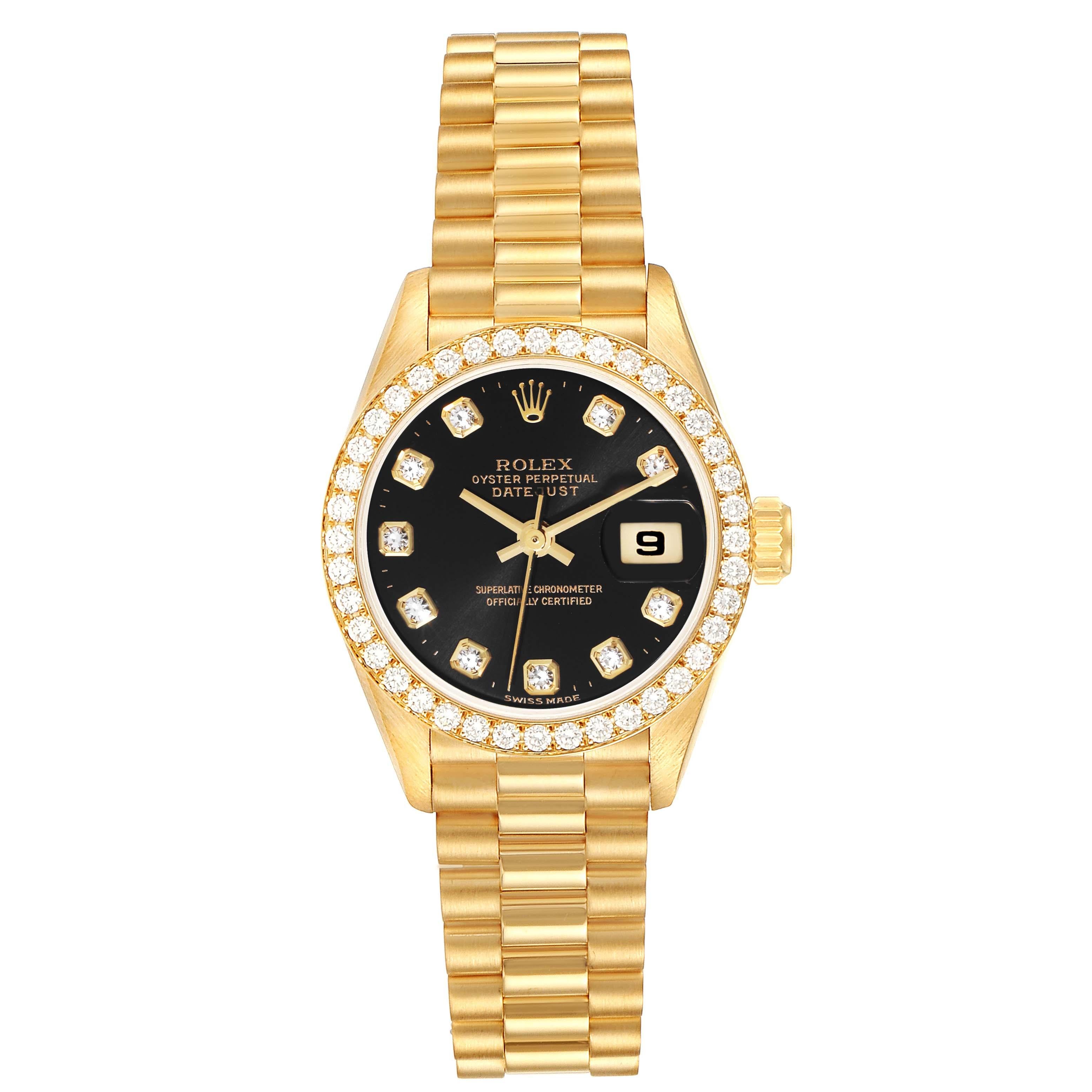 Rolex Datejust President Yellow Gold Black Dial Diamond Ladies Watch 69138 In Excellent Condition For Sale In Atlanta, GA