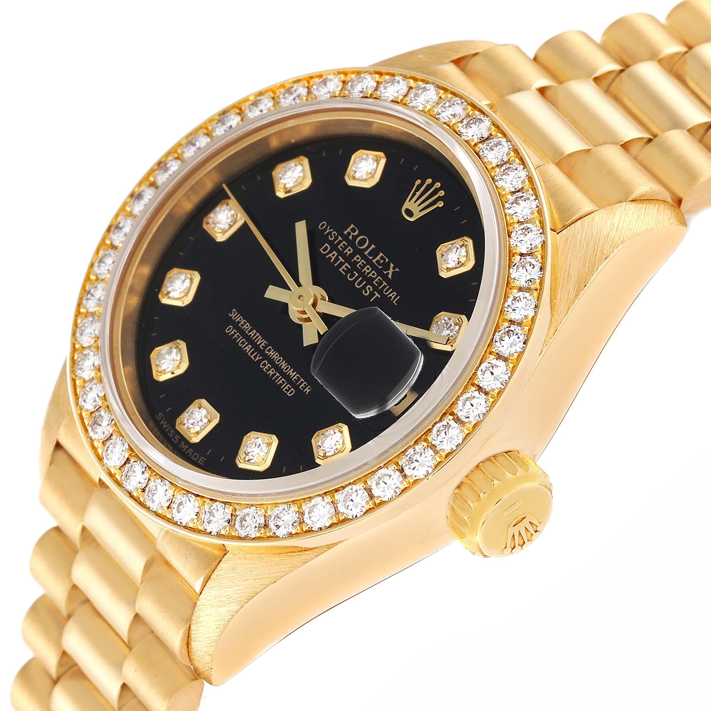 Women's Rolex Datejust President Yellow Gold Black Dial Diamond Ladies Watch 69138 For Sale