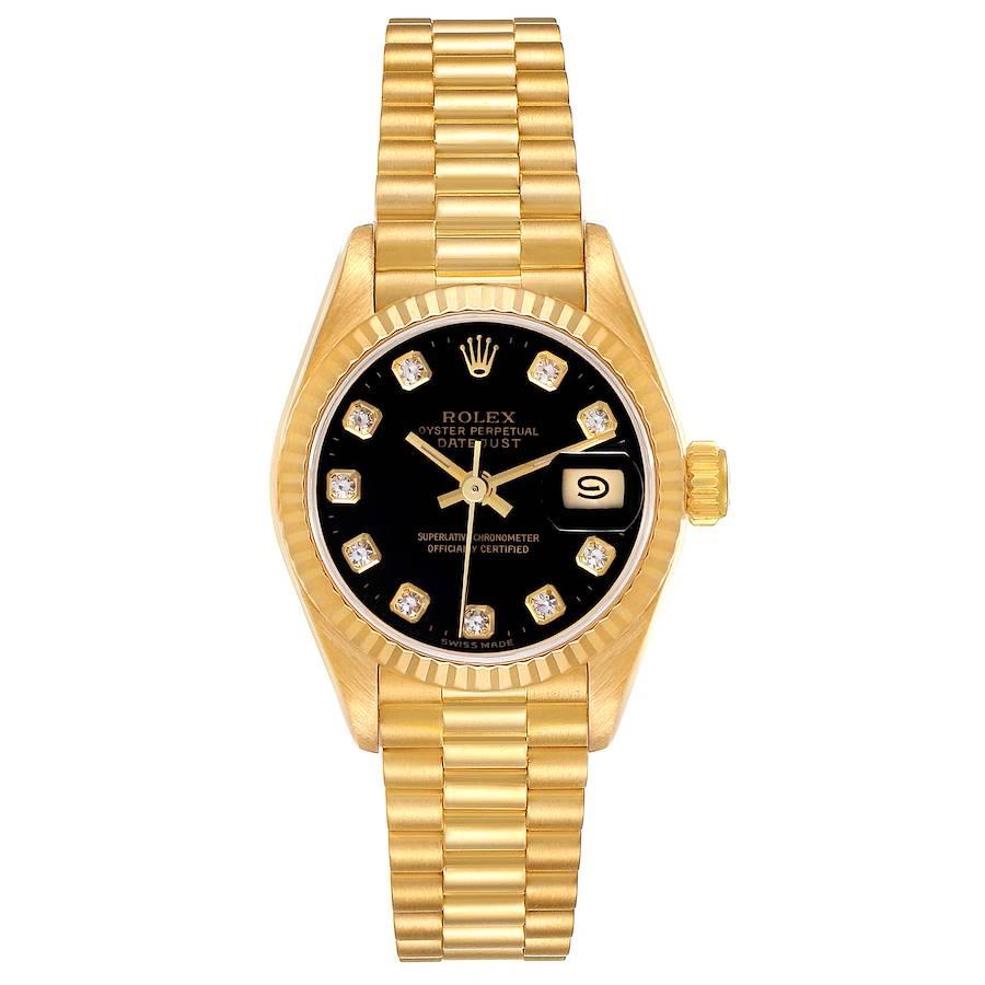 Rolex Datejust President Yellow Gold Black Diamond Dial Ladies Watch 69178. Officially certified chronometer automatic self-winding movement. 18k yellow gold oyster case 26.0 mm in diameter. Rolex logo on the crown. 18k yellow gold fluted bezel.