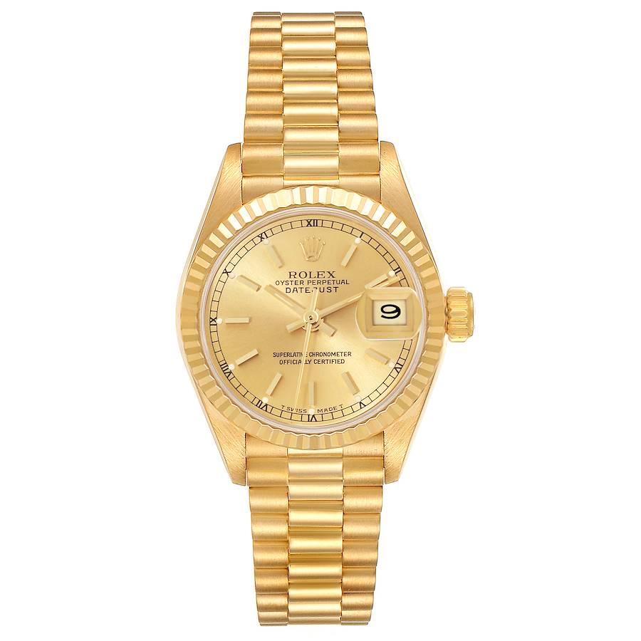 Rolex Datejust President Yellow Gold Champagne Dial Ladies Watch 69178. Officially certified chronometer automatic self-winding movement. 18k yellow gold oyster case 26.0 mm in diameter. Rolex logo on the crown. 18k yellow gold fluted bezel. Scratch