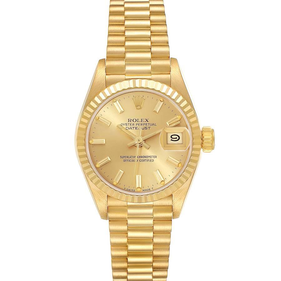 Rolex Datejust President Yellow Gold Champagne Dial Ladies Watch 69178. Officially certified chronometer automatic self-winding movement. 18k yellow gold oyster case 26.0 mm in diameter. Rolex logo on the crown. 18k yellow gold engine turned bezel