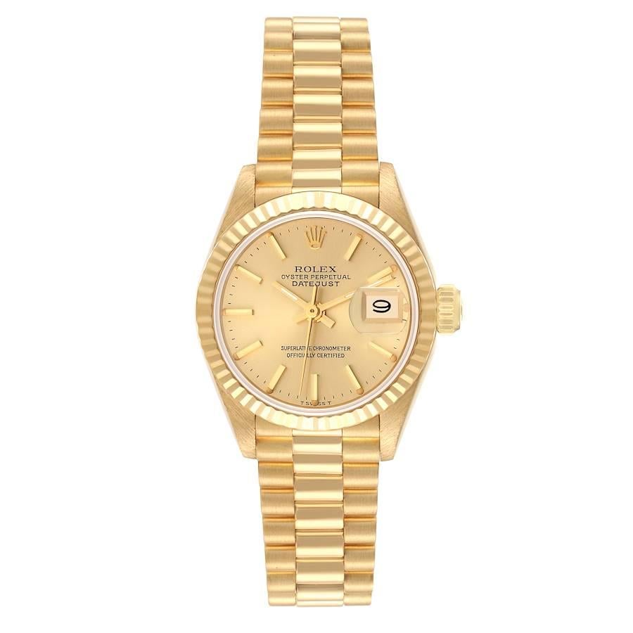 Rolex Datejust President Yellow Gold Champagne Dial Ladies Watch 69178. Officially certified chronometer automatic self-winding movement. 18k yellow gold oyster case 26.0 mm in diameter. Rolex logo on the crown. 18k yellow gold engine turned bezel