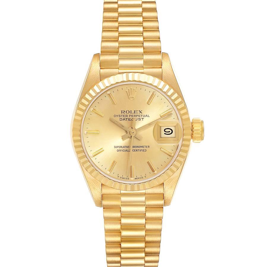 Rolex Datejust President Yellow Gold Champagne Dial Ladies Watch 69178. Officially certified chronometer automatic self-winding movement. 18k yellow gold oyster case 26.0 mm in diameter. Rolex logo on the crown. 18k yellow gold fluted bezel. Scratch