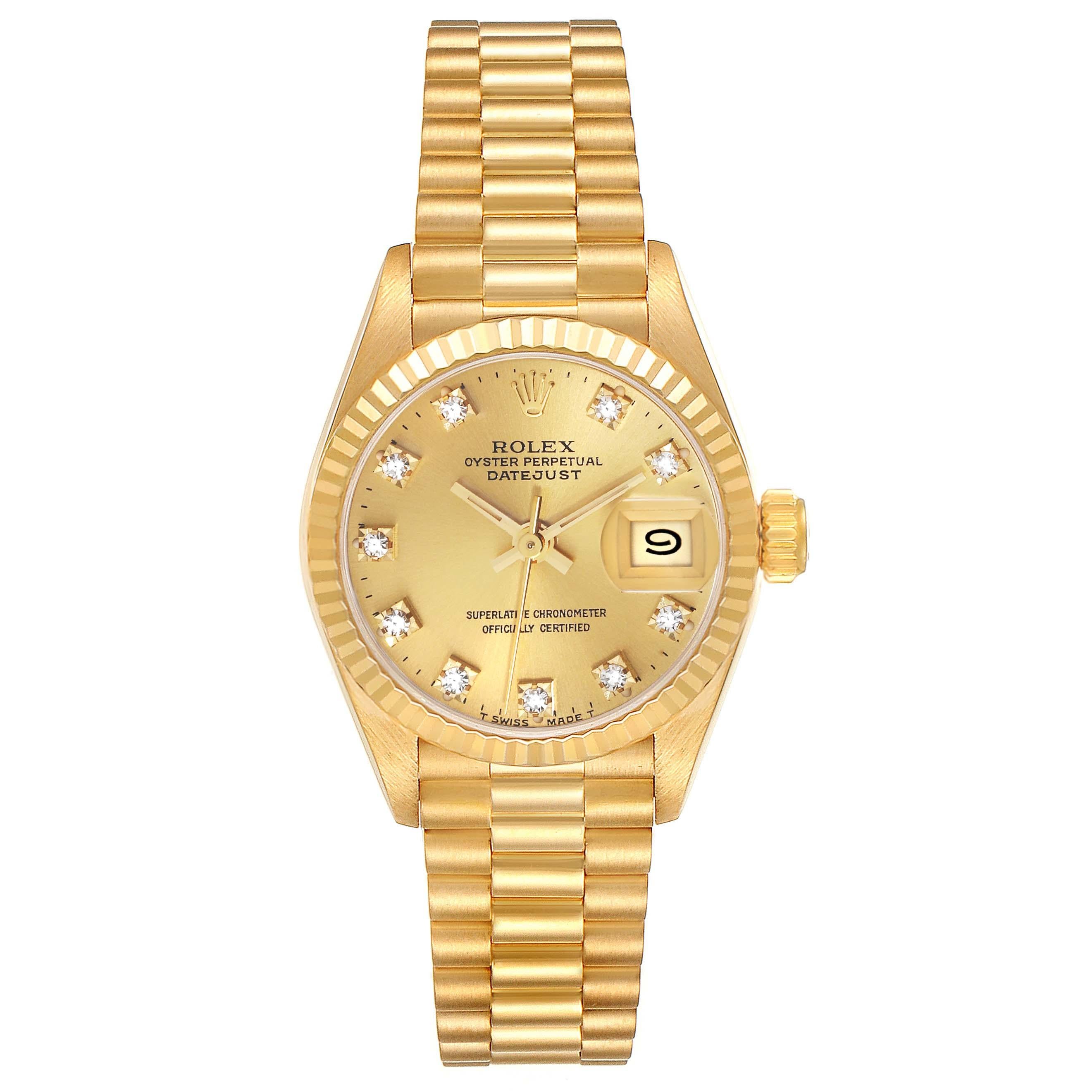 Rolex Datejust President Yellow Gold Champagne Diamond Dial Ladies Watch 69178. Officially certified chronometer automatic self-winding movement. 18k yellow gold oyster case 26.0 mm in diameter. Rolex logo on the crown. 18k yellow gold fluted bezel.