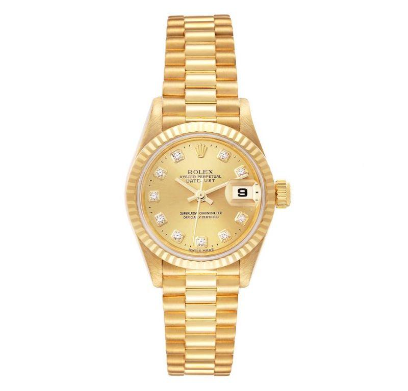 Rolex Datejust President Yellow Gold Champagne Diamond Dial Ladies Watch 79178. Officially certified chronometer automatic self-winding movement. 18k yellow gold oyster case 26.0 mm in diameter. Rolex logo on the crown. 18k yellow gold fluted bezel.