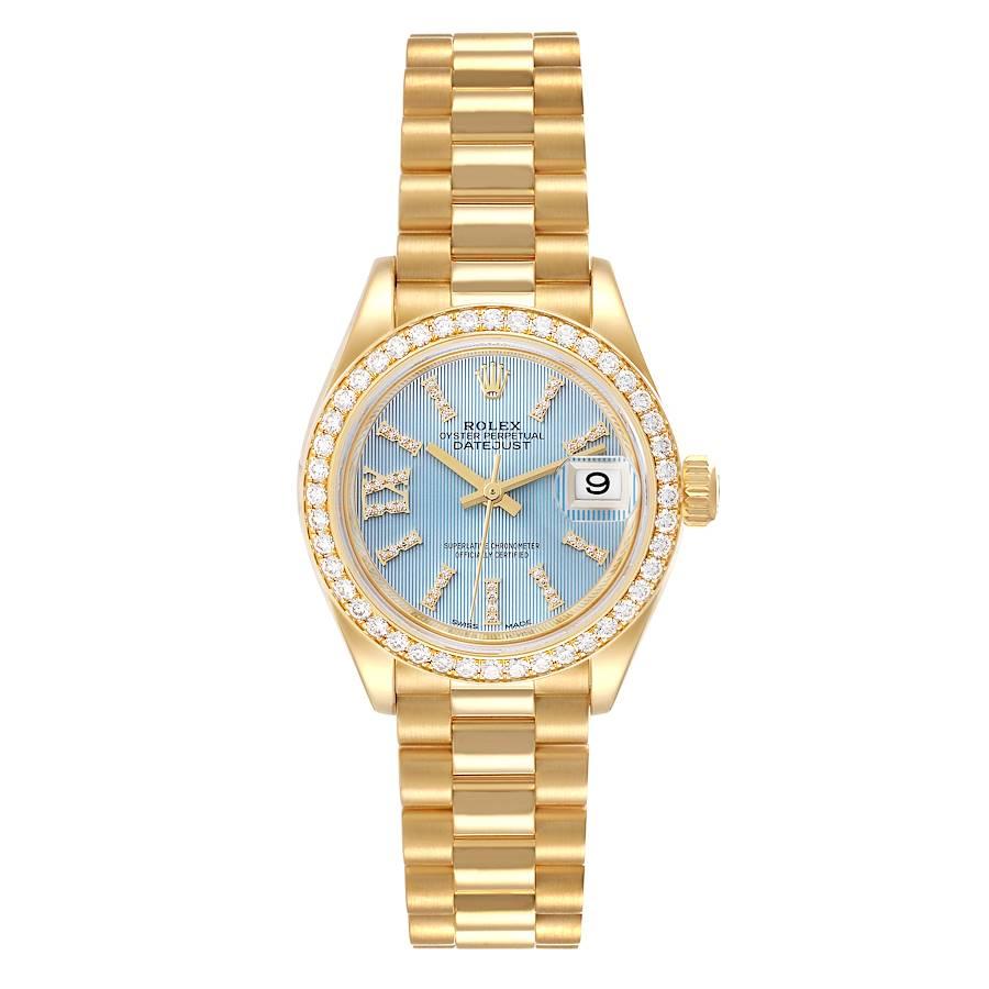 Rolex Datejust Präsident Gelbgold Diamant Lünette Damenuhr 279138 Box-Karte. Offiziell zertifiziertes Chronometerwerk mit automatischem Aufzug und Datumsschnellverstellung. Oyster-Gehäuse aus 18 Karat Gelbgold mit einem Durchmesser von 28,0 mm.