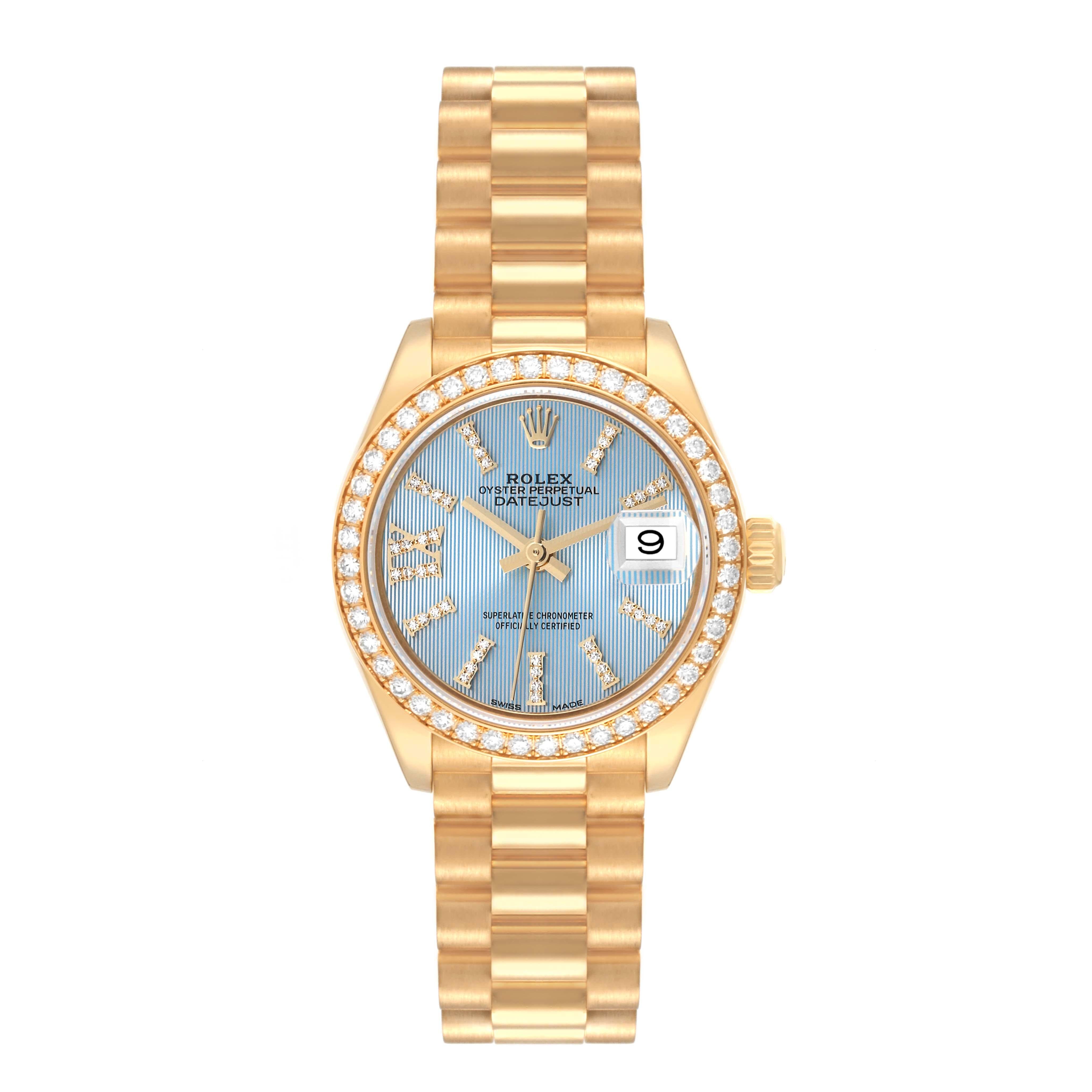 Rolex Datejust President Yellow Gold Diamond Bezel Ladies Watch 279138. Mouvement à remontage automatique, certifié chronomètre, avec fonction date à déclenchement rapide. Boîtier en or jaune 18 carats de 28,0 mm de diamètre. Logo Rolex sur la