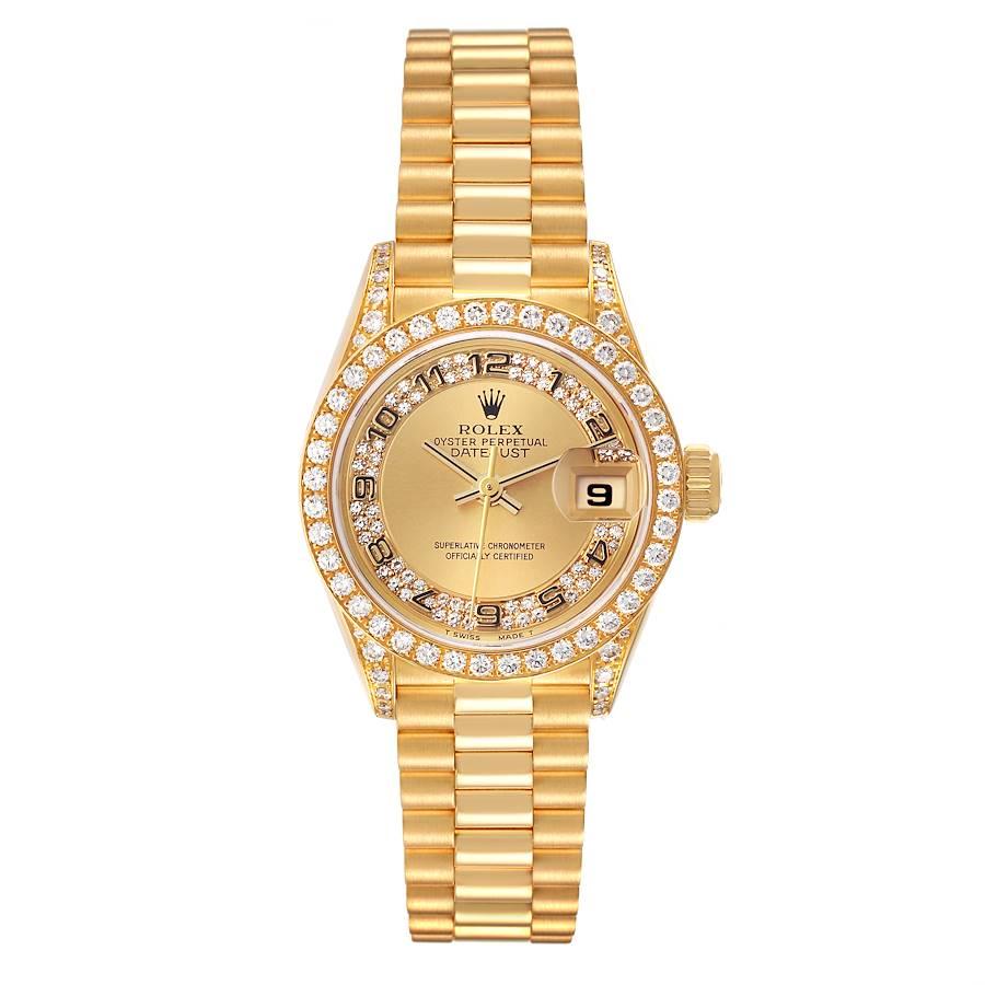Rolex Datejust President Yellow Gold Diamond Bezel Ladies Watch 69158 Box Papers. Officially certified chronometer automatic self-winding movement. 18k yellow gold oyster case 26.0 mm in diameter. Lugs set with original Rolex factory diamonds. Rolex