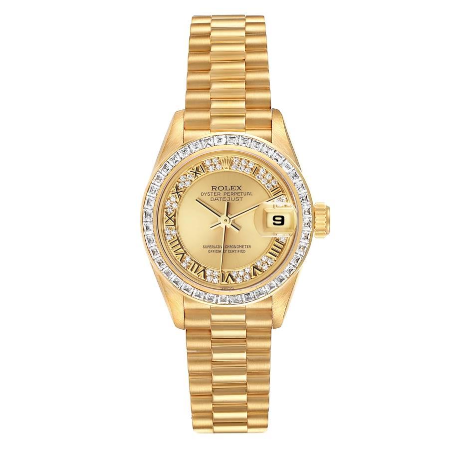 Rolex Datejust President Yellow Gold Diamond Bezel Myriad Dial Ladies Watch 69128. Officially certified chronometer automatic self-winding movement. 18k yellow gold oyster case 26.0 mm in diameter. Rolex logo on the crown. 18k yellow gold bezel set