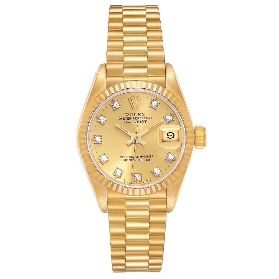 Rolex Datejust President Yellow Gold Diamond Dial Ladies Watch 69178. Officially certified chronometer automatic self-winding movement. 18k yellow gold oyster case 26.0 mm in diameter. Rolex logo on the crown. 18k yellow gold fluted bezel. Scratch