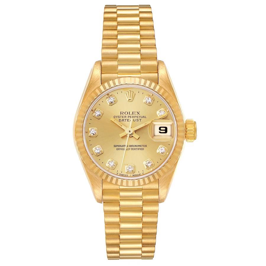 Rolex Datejust President Yellow Gold Diamond Dial Ladies Watch 69178. Officially certified chronometer automatic self-winding movement. 18k yellow gold oyster case 26.0 mm in diameter. Rolex logo on the crown. 18k yellow gold fluted bezel. Scratch
