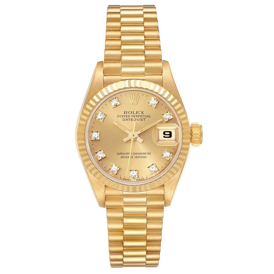 Rolex Datejust President Yellow Gold Diamond Dial Ladies Watch 69178. Officially certified chronometer automatic self-winding movement. 18k yellow gold oyster case 26.0 mm in diameter. Rolex logo on the crown. 18k yellow gold fluted bezel. 18k