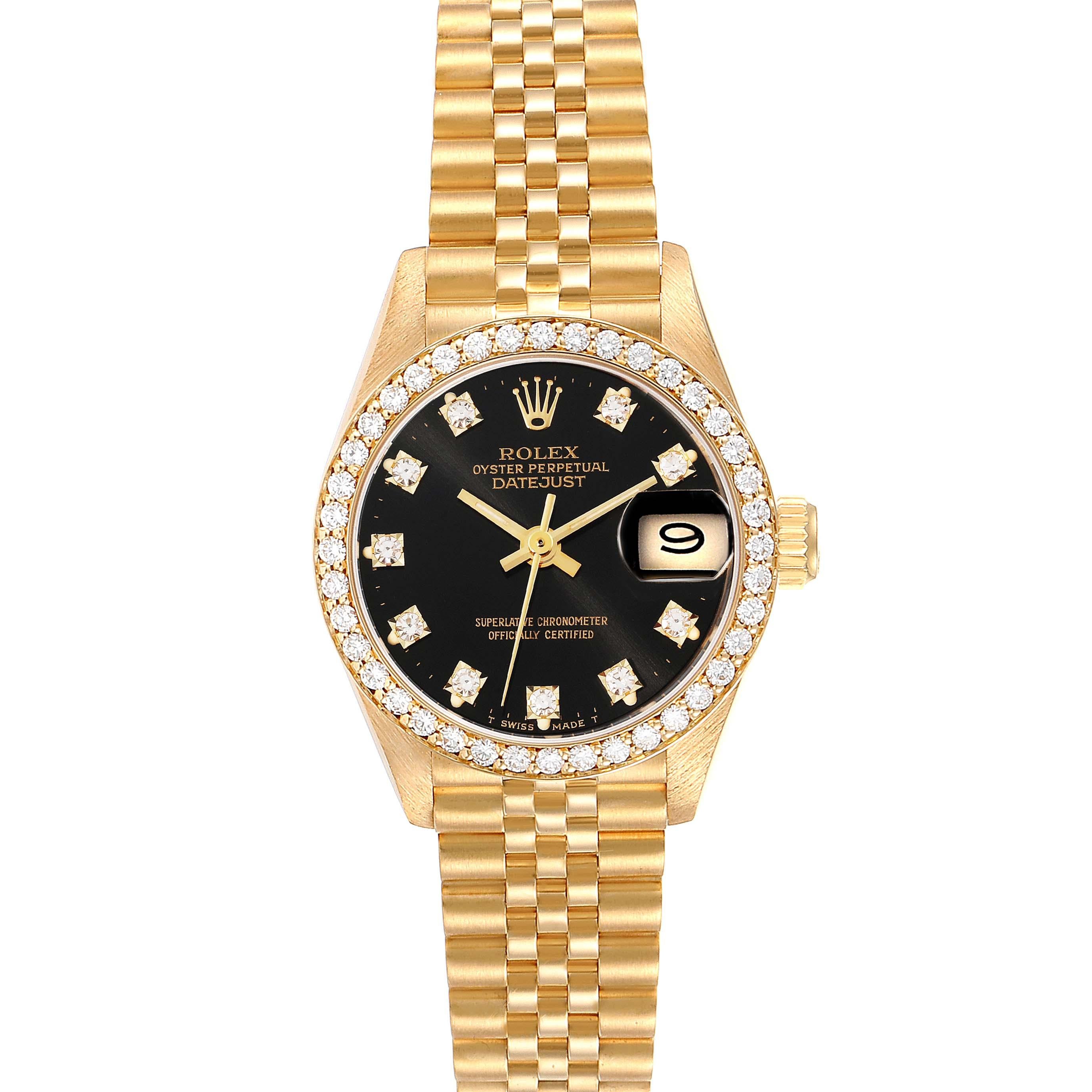 Rolex Datejust President Yellow Gold Diamond Ladies Watch 69138 Box Papers. Officially certified chronometer automatic self-winding movement. 18k yellow gold oyster case 26.0 mm in diameter. Rolex logo on the crown. Original Rolex factory diamond