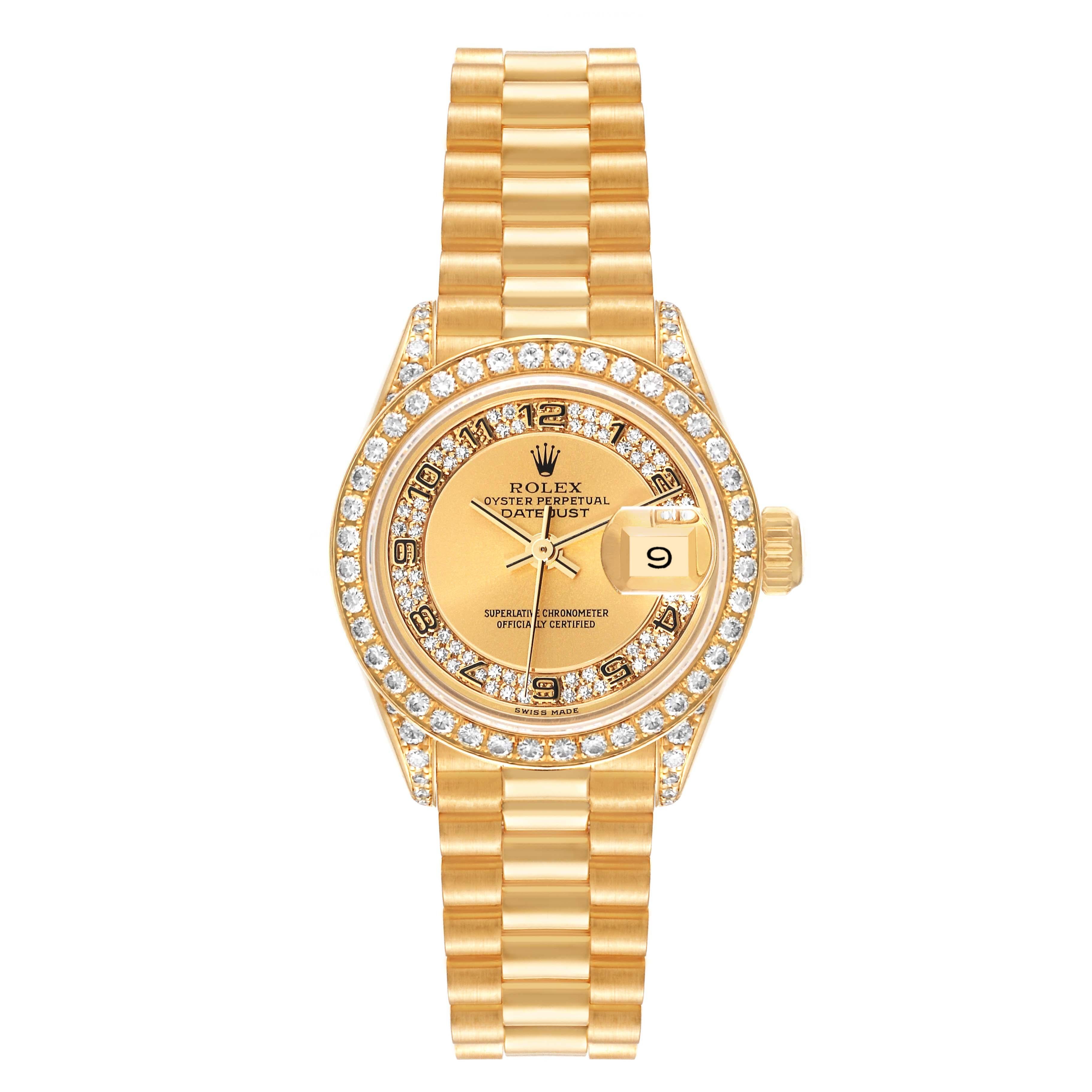 Rolex Datejust President Yellow Gold Diamond Ladies Watch 69158. Officially certified chronometer automatic self-winding movement. 18k yellow gold oyster case 26.0 mm in diameter. Lugs set with original Rolex factory diamonds. Rolex coronet logo on