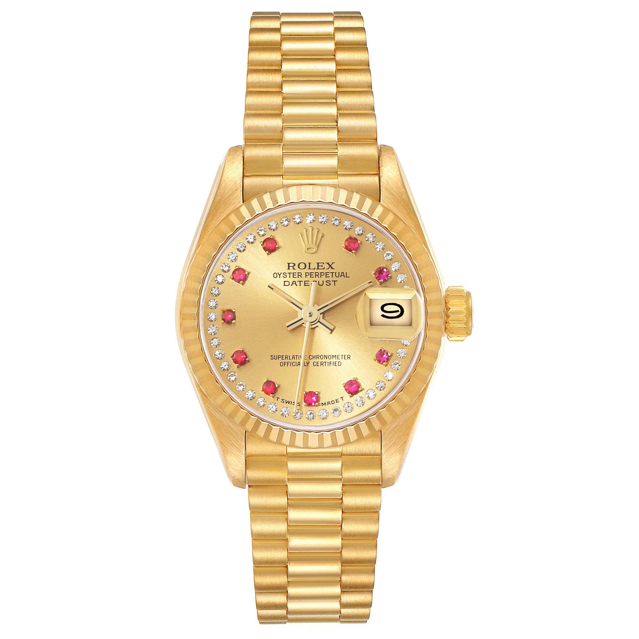 Women's Rolex Datejust President Yellow Gold Diamond Ruby Ladies Watch 69178 For Sale