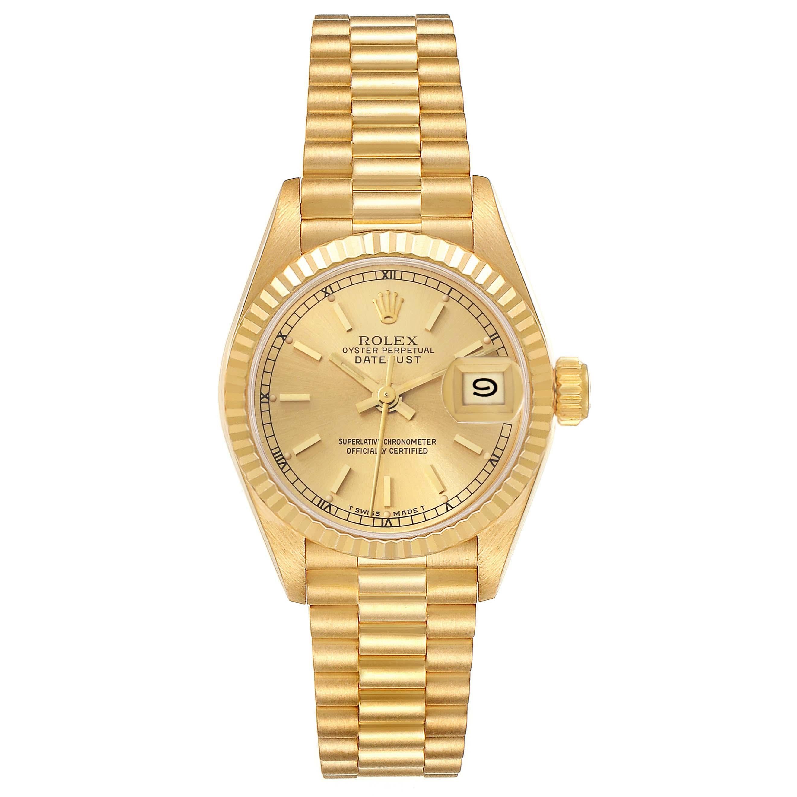 Rolex Datejust President Yellow Gold Ladies Watch 69178. Officially certified chronometer automatic self-winding movement. 18k yellow gold oyster case 26.0 mm in diameter. Rolex logo on the crown. 18k yellow gold fluted bezel. Scratch resistant