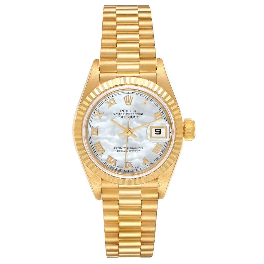 Rolex Datejust President Yellow Gold Mother of Pearl Dial Ladies Watch 69178. Officially certified chronometer automatic self-winding movement. 18k yellow gold oyster case 26.0 mm in diameter. Rolex logo on the crown. 18k yellow gold fluted bezel.