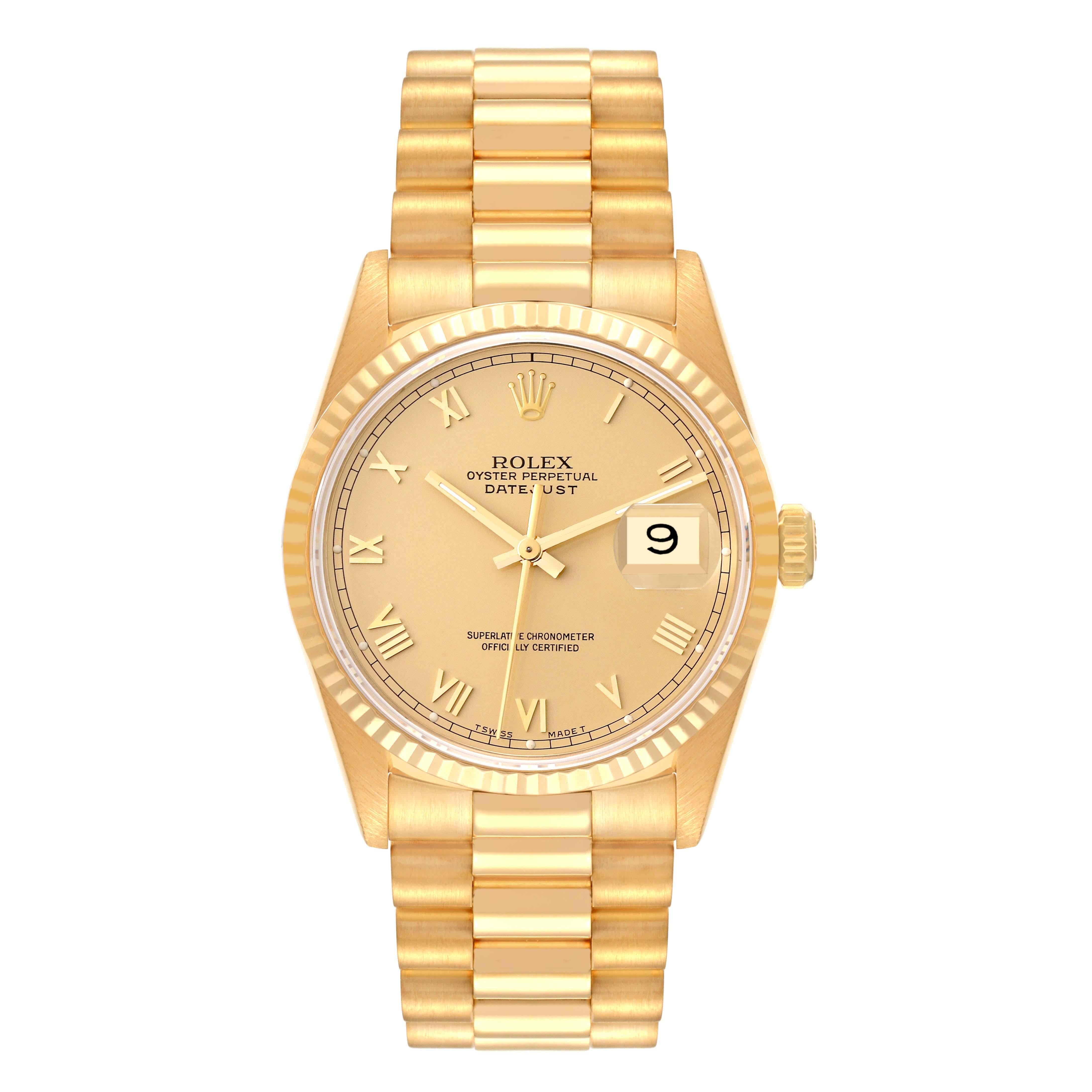 Rolex Datejust President Yellow Gold Roman Dial Mens Watch 16238. Officially certified chronometer self-winding movement. 18k yellow gold case 36.0 mm in diameter. Rolex logo on a crown. 18k yellow gold fluted bezel. Scratch resistant sapphire
