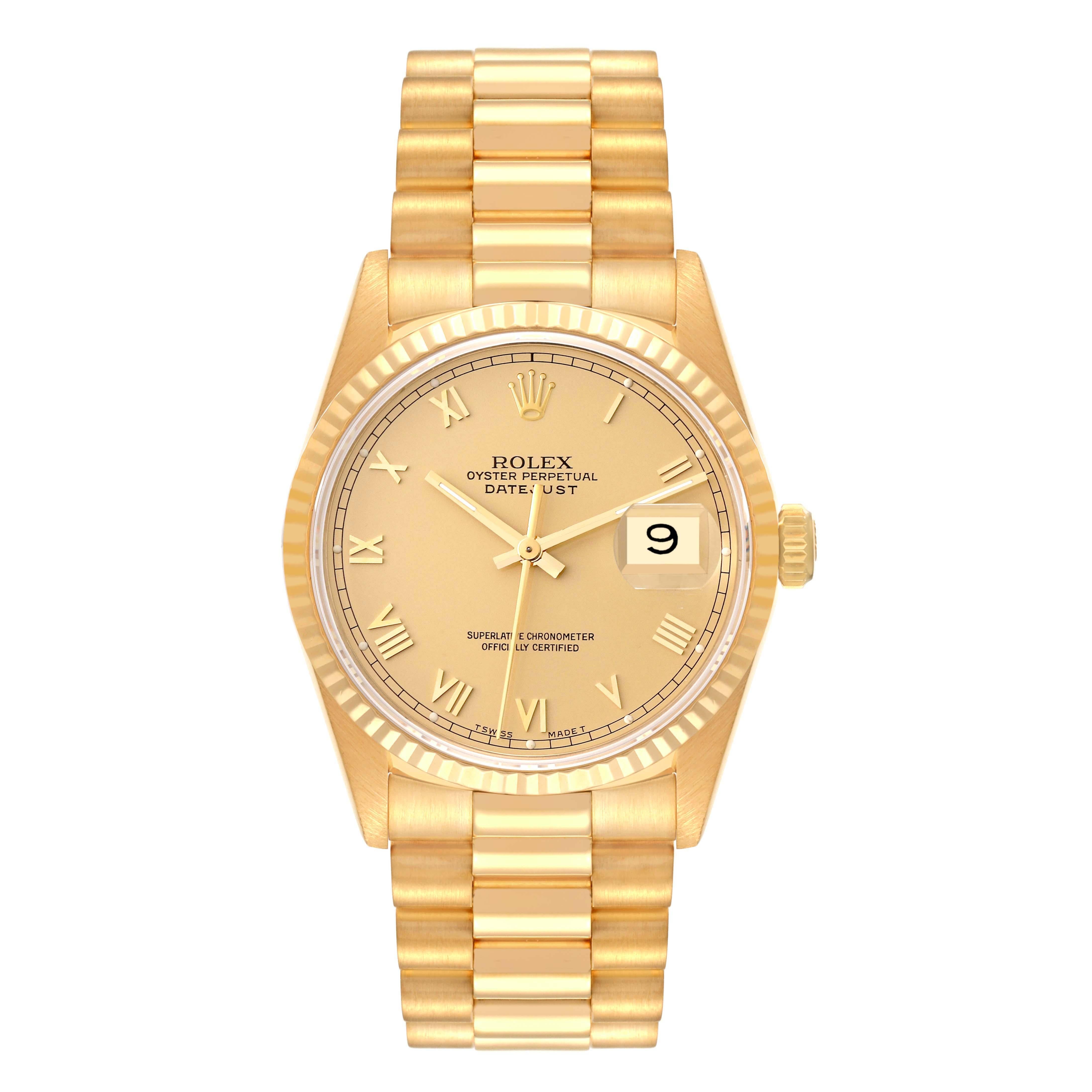 Rolex Datejust President Gelbgold römisches Zifferblatt Herrenuhr 16238. Offiziell zertifiziertes Chronometerwerk mit automatischem Aufzug. Gehäuse aus 18 Karat Gelbgold mit einem Durchmesser von 36,0 mm. Rolex Logo auf einer Krone. Geriffelte