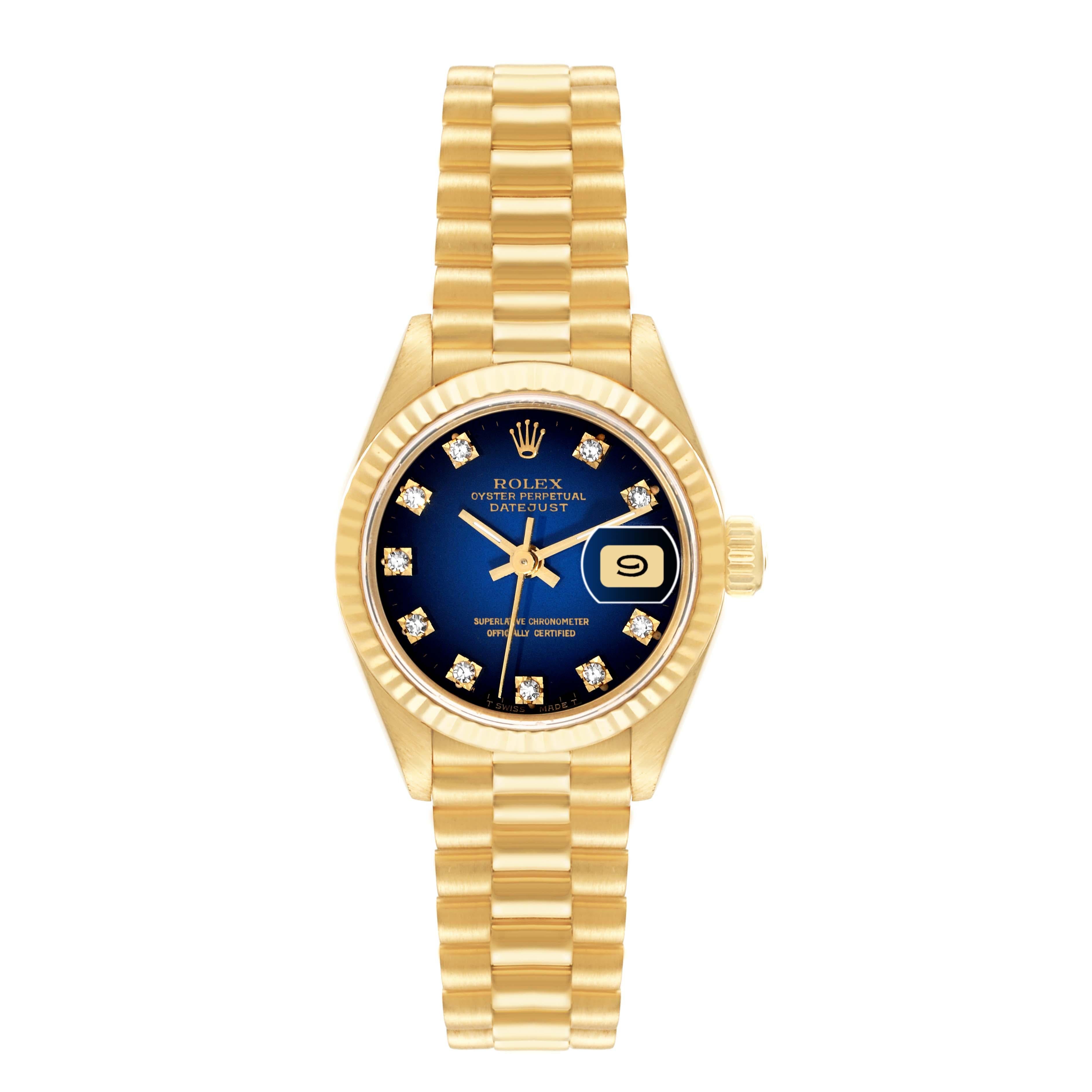 Rolex Datejust President Yellow Gold Vignette Diamond Dial Ladies Watch 69178. Officially certified chronometer automatic self-winding movement. 18k yellow gold oyster case 26.0 mm in diameter. Rolex logo on the crown. 18k yellow gold fluted bezel.