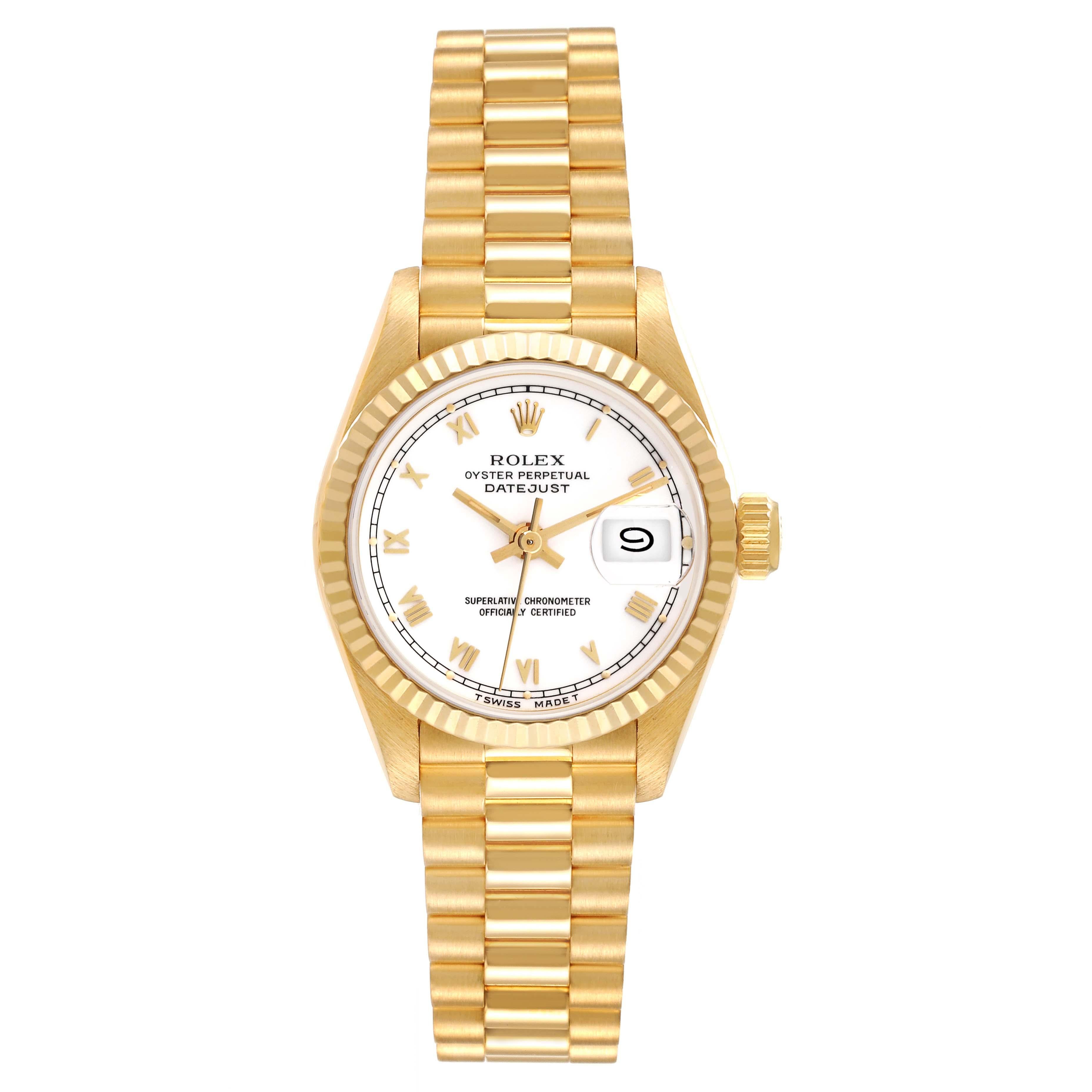 Rolex Datejust President Yellow Gold White Roman Dial Ladies Watch 69178. Officially certified chronometer automatic self-winding movement. 18k yellow gold oyster case 26.0 mm in diameter. Rolex logo on the crown. 18k yellow gold fluted bezel.