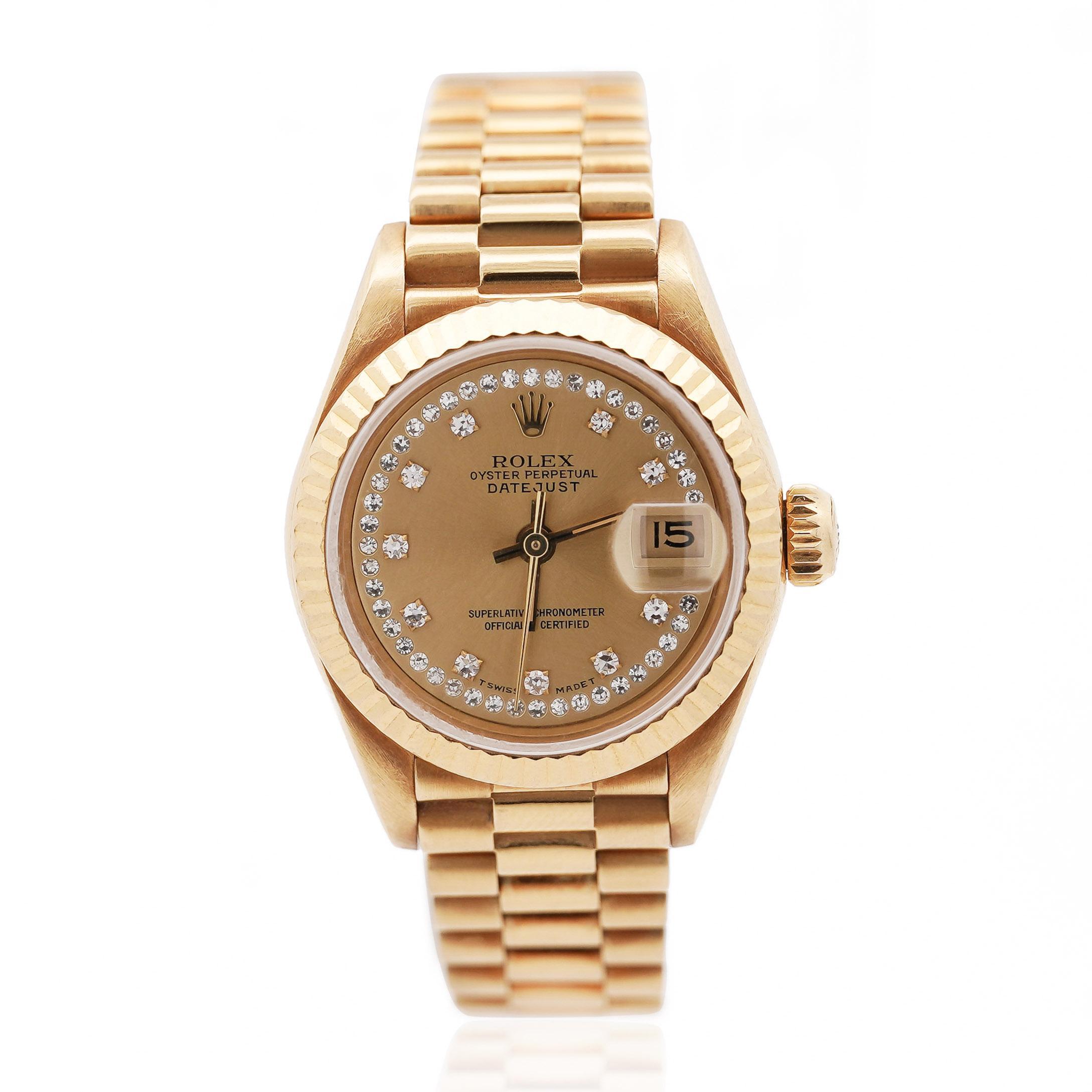 Rolex Datejust Presidential Champagne 18K Gold Diamond Dial Fluted Watch For Sale 6