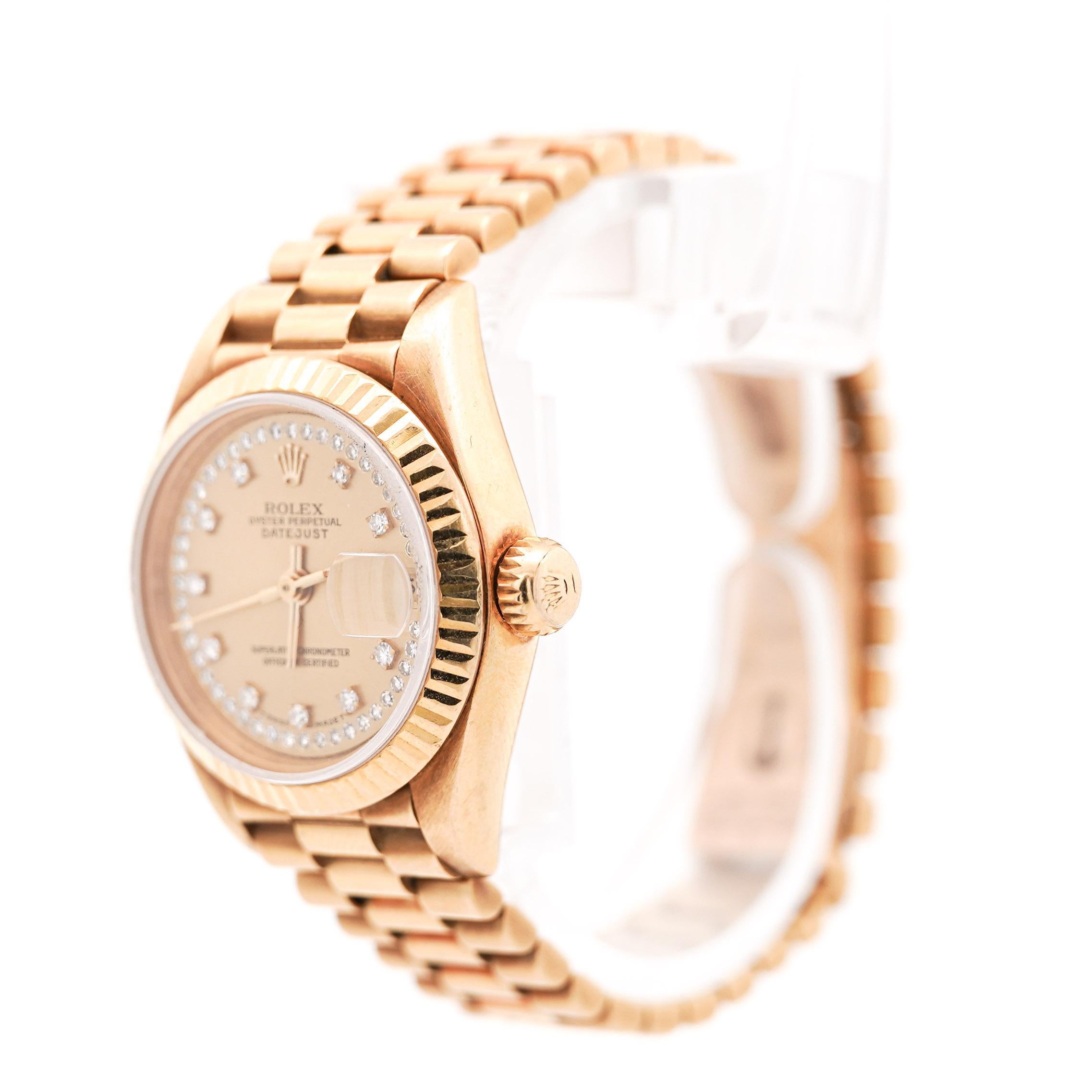 Rolex Datejust Presidential Champagne 18K Gold Diamond Dial Fluted Watch For Sale 7