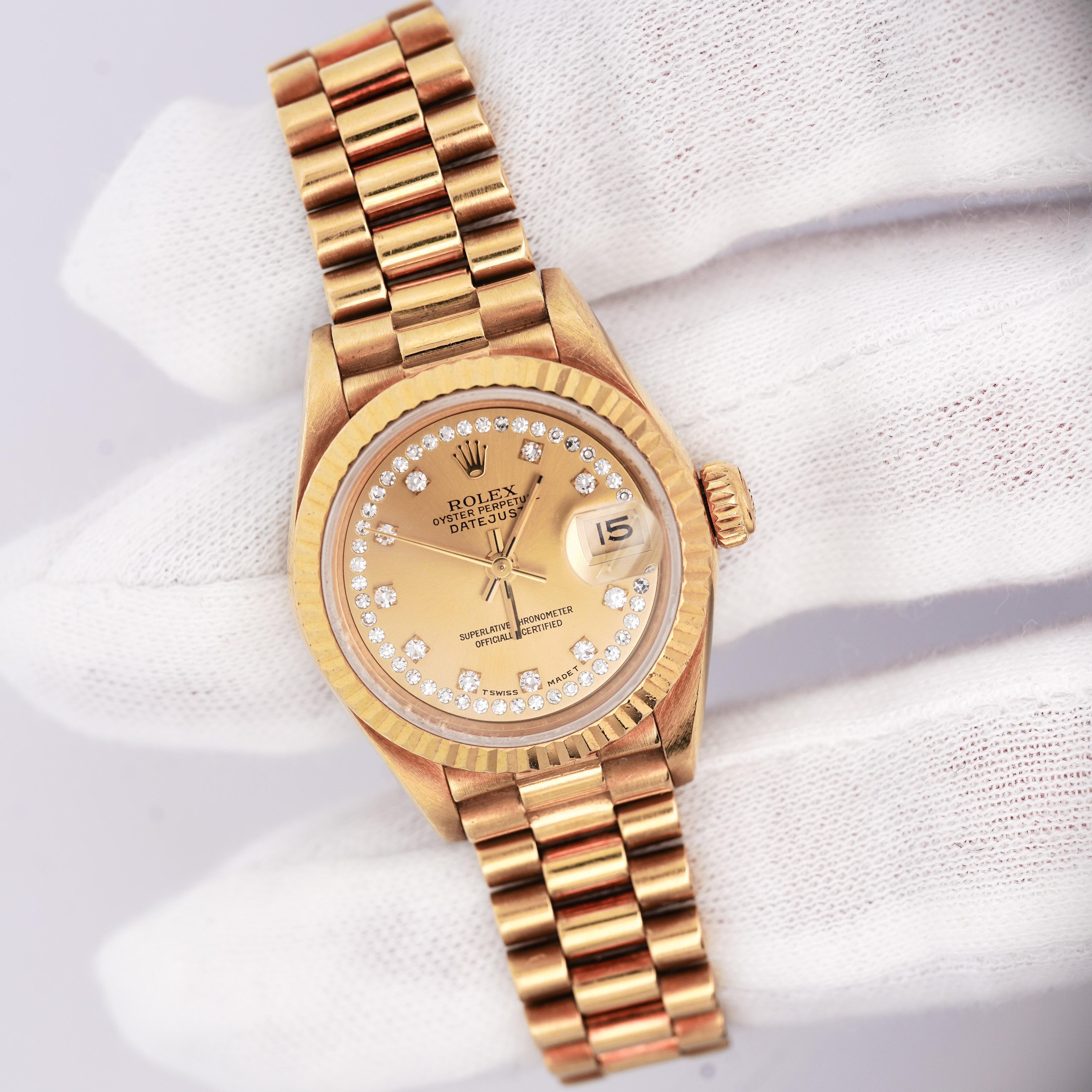 Art Deco Rolex Datejust Presidential Champagne 18K Gold Diamond Dial Fluted Watch For Sale