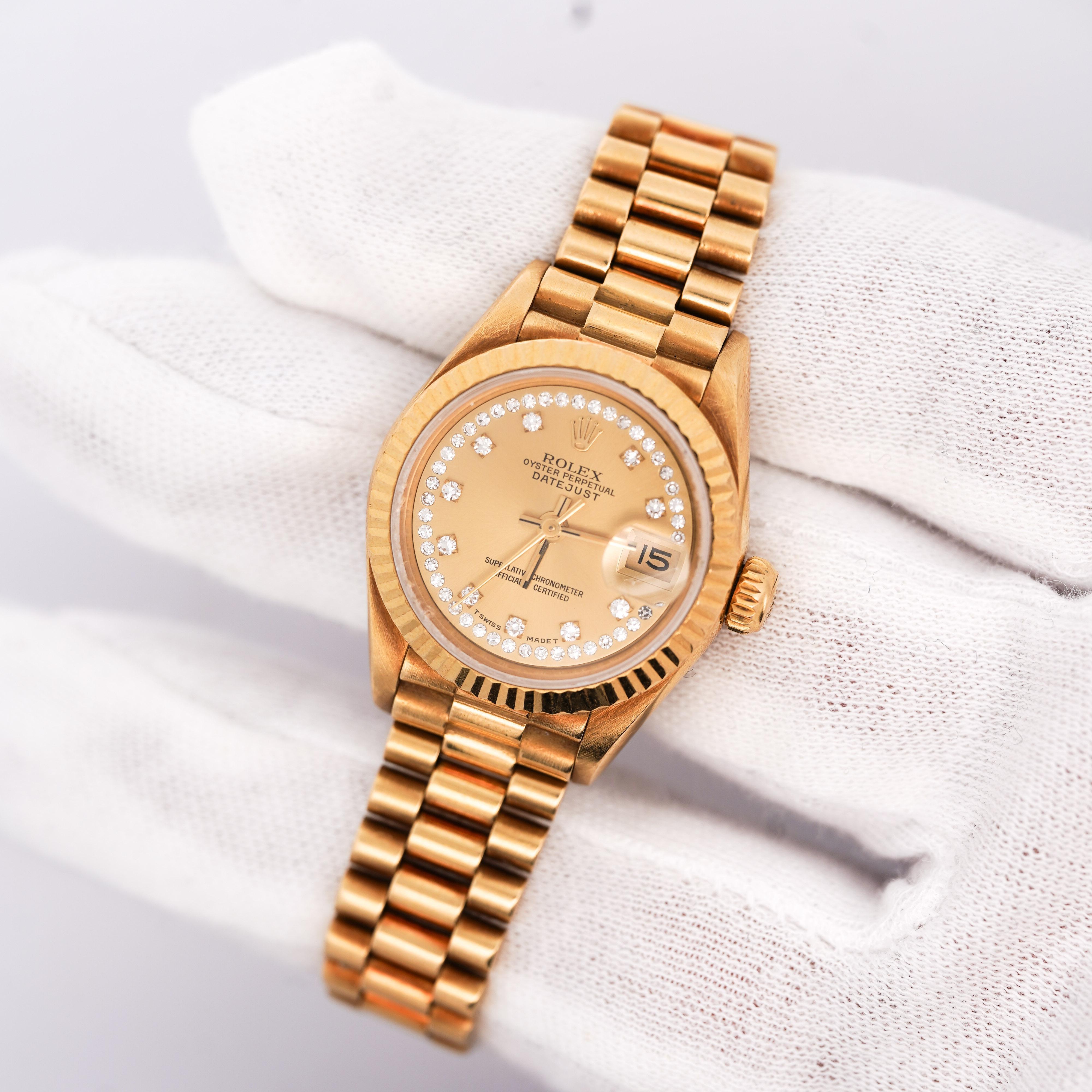Rolex Datejust Presidential Champagne 18K Gold Diamond Dial Fluted Watch In Good Condition For Sale In Miami, FL