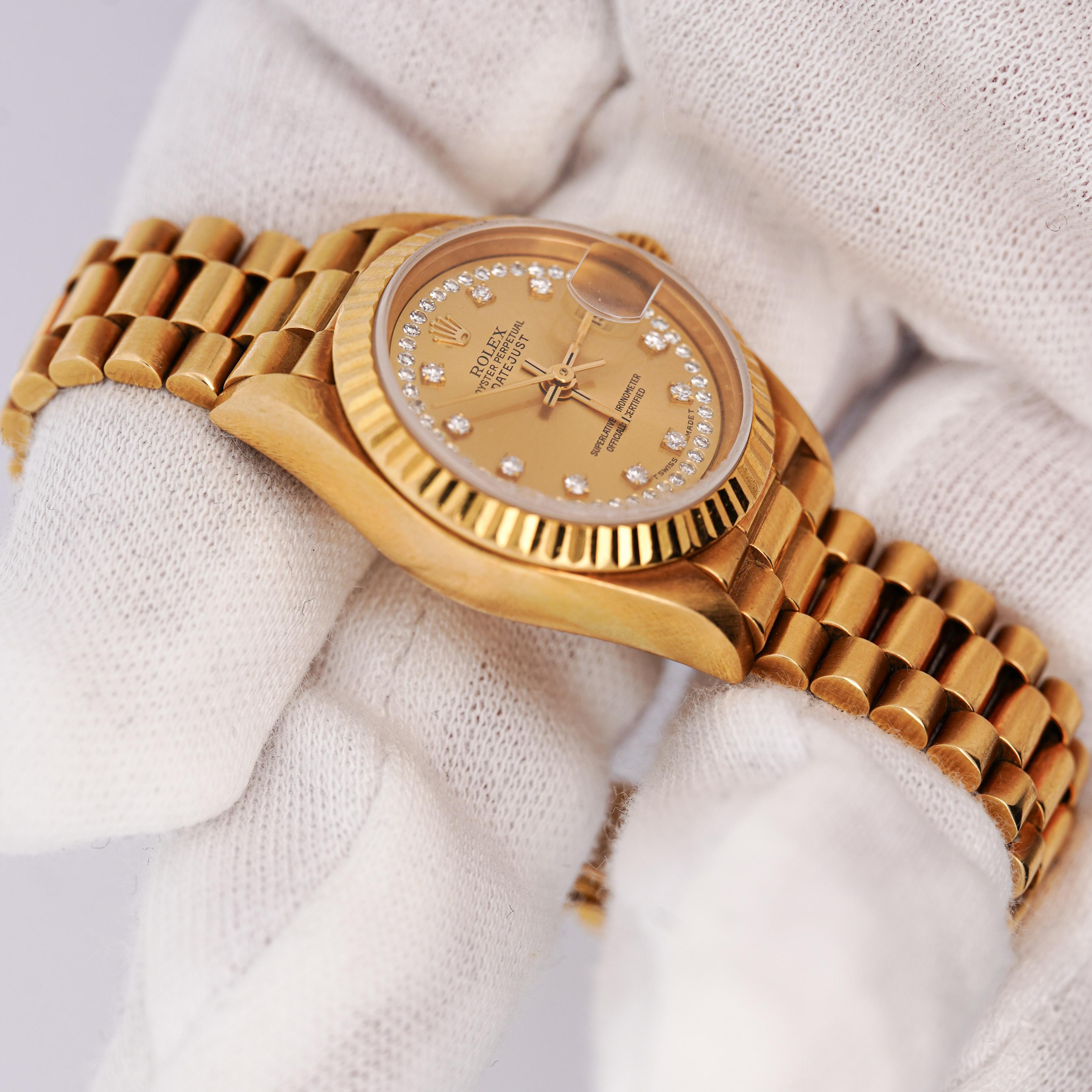 Women's Rolex Datejust Presidential Champagne 18K Gold Diamond Dial Fluted Watch For Sale