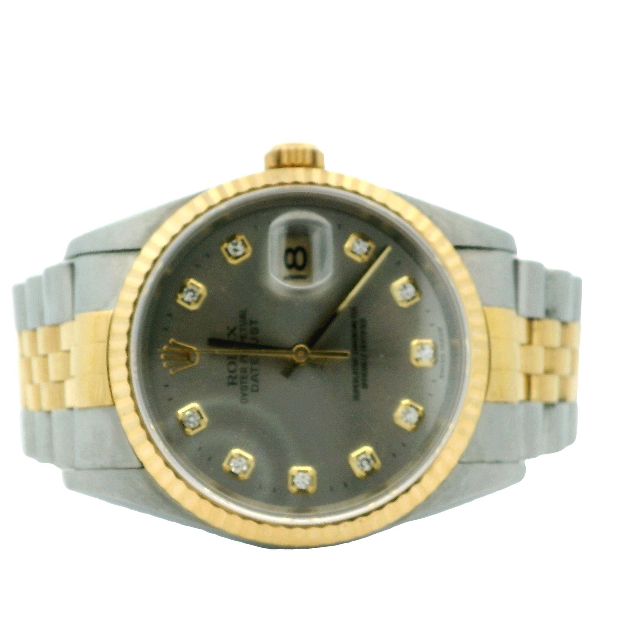 Fine pre-owned mint condition all factory 36mm Rolex Datejust quickset 18 karat and stainless steel fluted yellow gold bezel, jubilee bracelet and rare silver color diamond dial. Officially certified chronometer automatic self-winding movement, and
