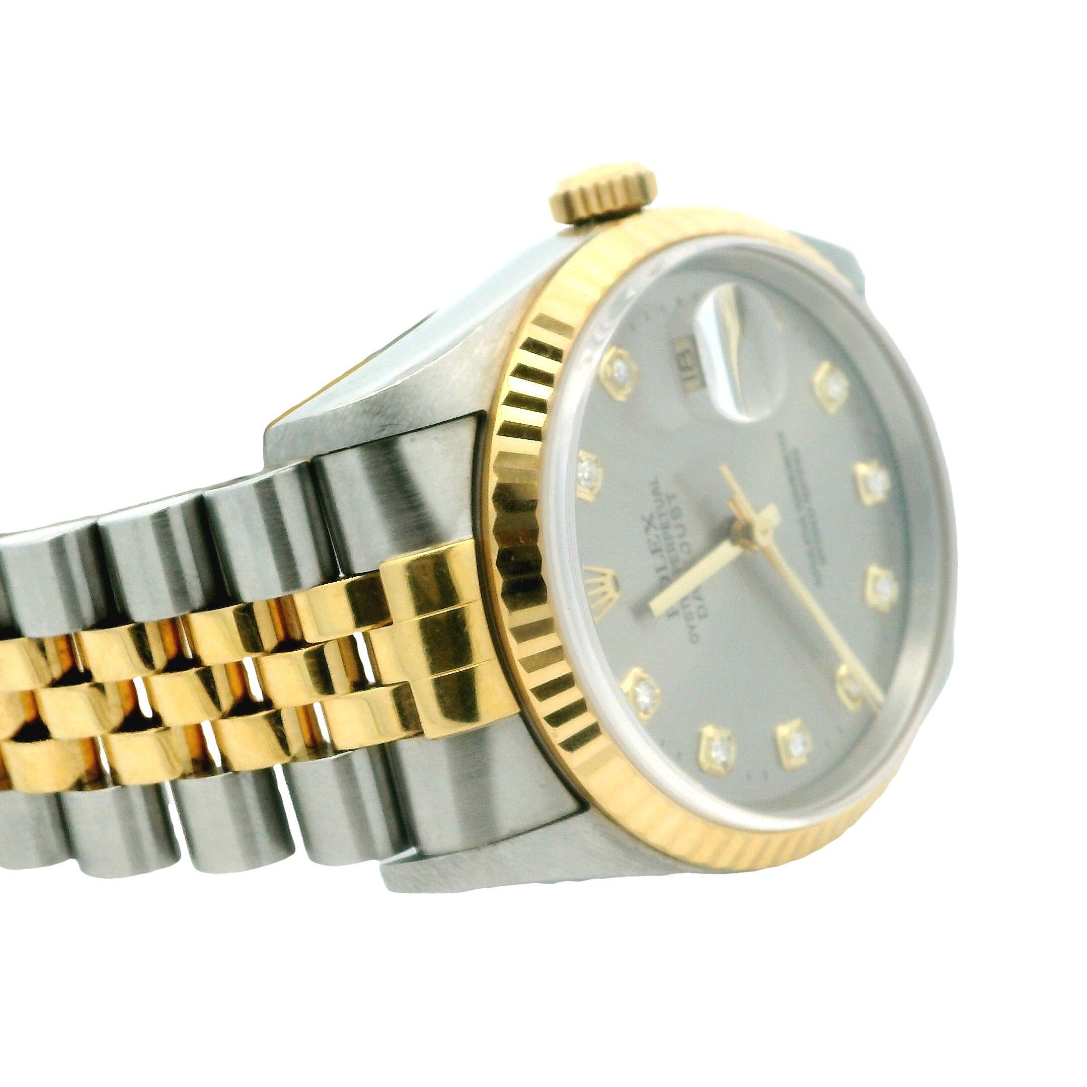 Round Cut Rolex Datejust Quickset 18K Gold Steel Rare Silver Diamond Dial Watch 16233  For Sale
