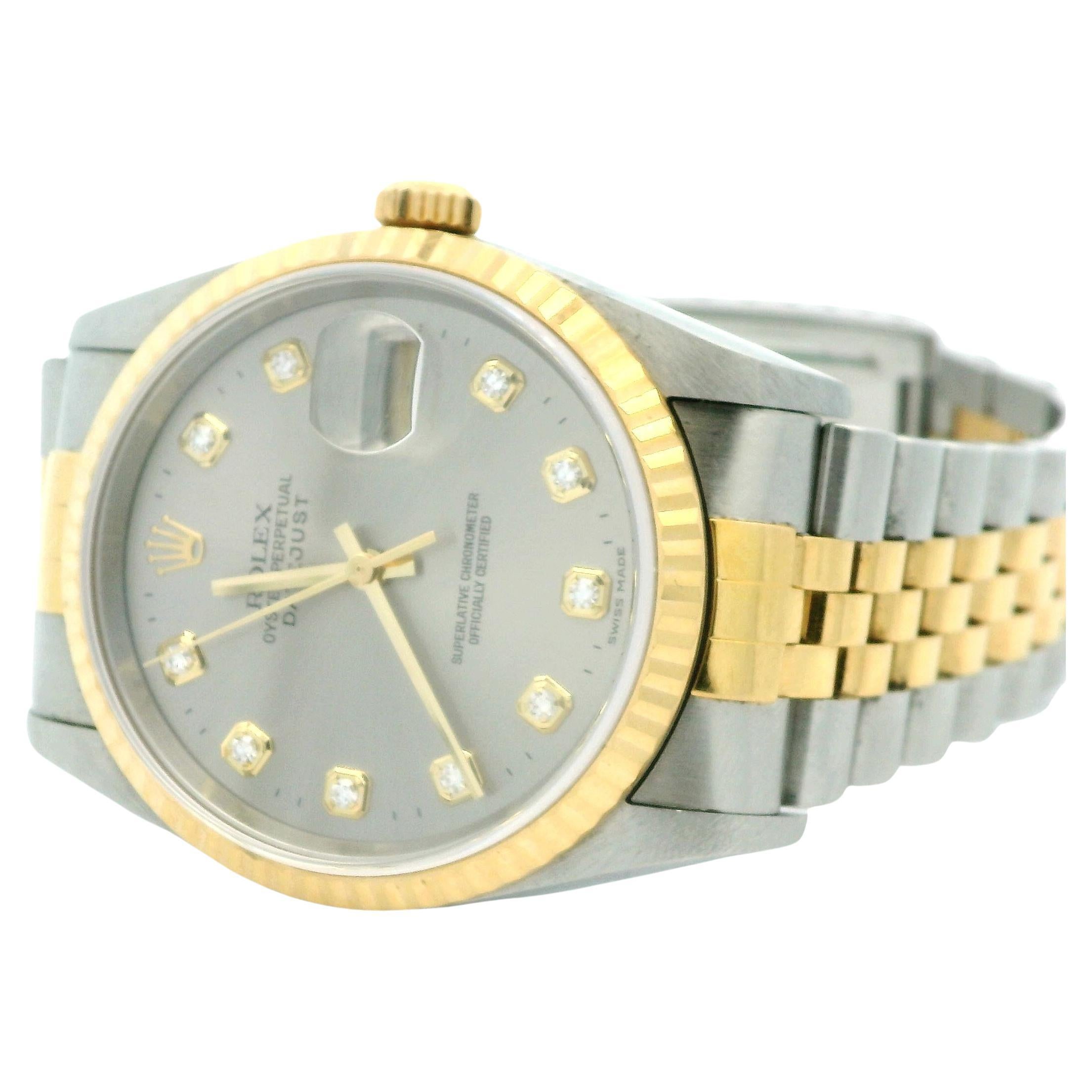 Rolex Datejust Quickset 18K Gold Steel Rare Silver Diamond Dial Watch 16233 