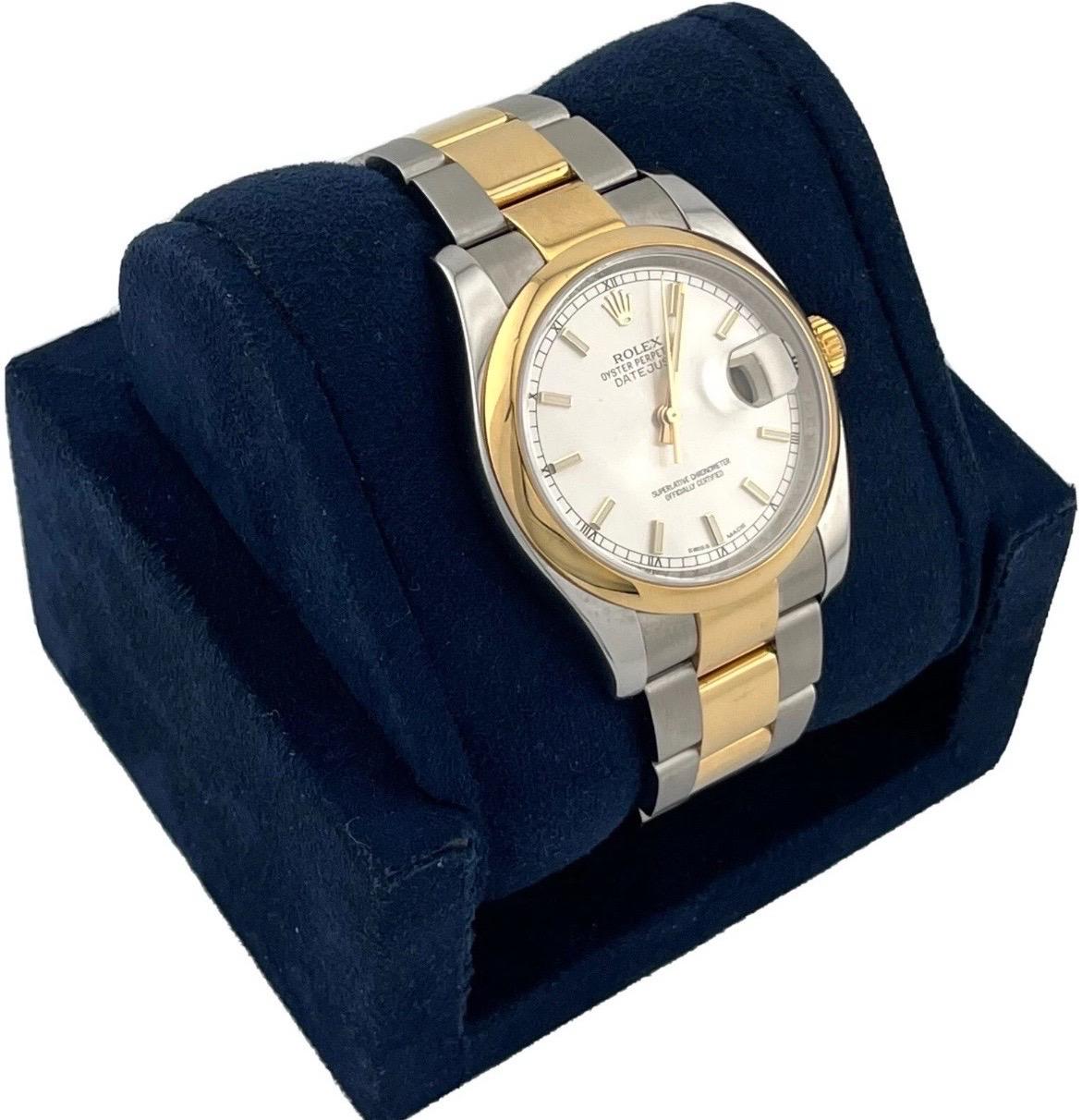 A perfect blend of timeless design and modern luxury, this Rolex Datejust Ref. 116203 delivers iconic style with robust performance. Crafted from Rolex’s signature Rolesor — a combination of 904L stainless steel and 18k yellow gold — this 36mm model