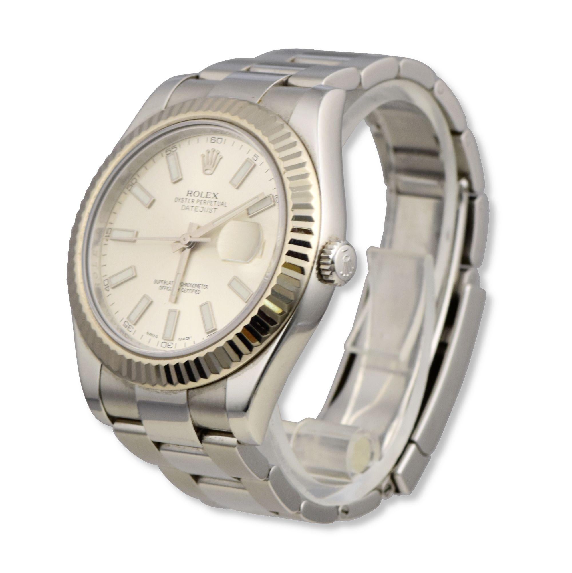Brand: Rolex
Model Name: Datejust
Model Number:  116334
Movement: Automatic
Case Size: 41 mm
Case Back: Closed
Case Material: Stainless Steel
Bezel: Flutted
Dial: Silver
Bracelet:  Oyster
Hour Markers: Non Numeric
Features: Hours, Minutes, Seconds,