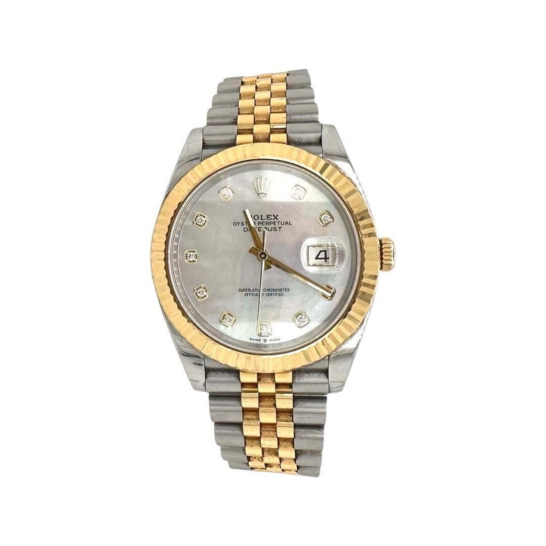Brand: Rolex

Model Name: Datejust 

Model Number: 126333

Movement: Mechanical Automatic

Case Size: 41 mm

Case Material: Stainless Steel & Yellow Gold

Dial: Mother of Pearl

Bracelet: Jubilee

Hour Markers: Diamond Markers

Crystal: Sapphire