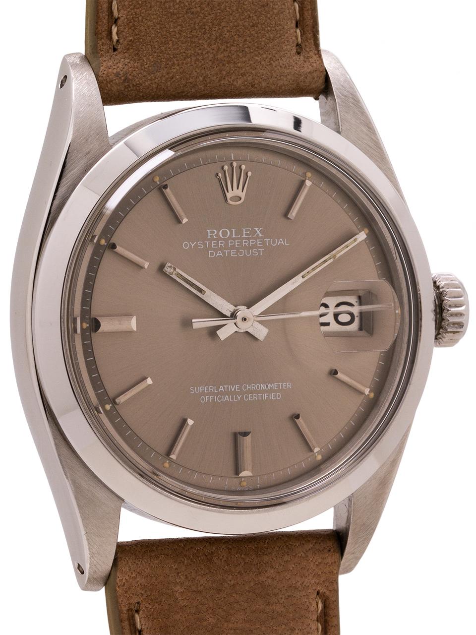 
Vintage Rolex Datejust ref# 1600 with smooth bezel and original grey metallic dial. Serial # 2.8 million circa 1971. Featuring a 36mm diameter case with original smooth bezel, acrylic crystal, with applied indexes and silver baton hands on the