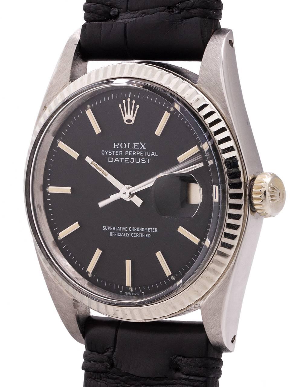 
Vintage Rolex Datejust ref 1601 serial # 1.8 million circa 1965 with scarce original matte black pie pan dial. Featuring 36mm diameter Oyster case with 14K white gold fluted bezel, acrylic crystal, and beautiful condition original matte black pie