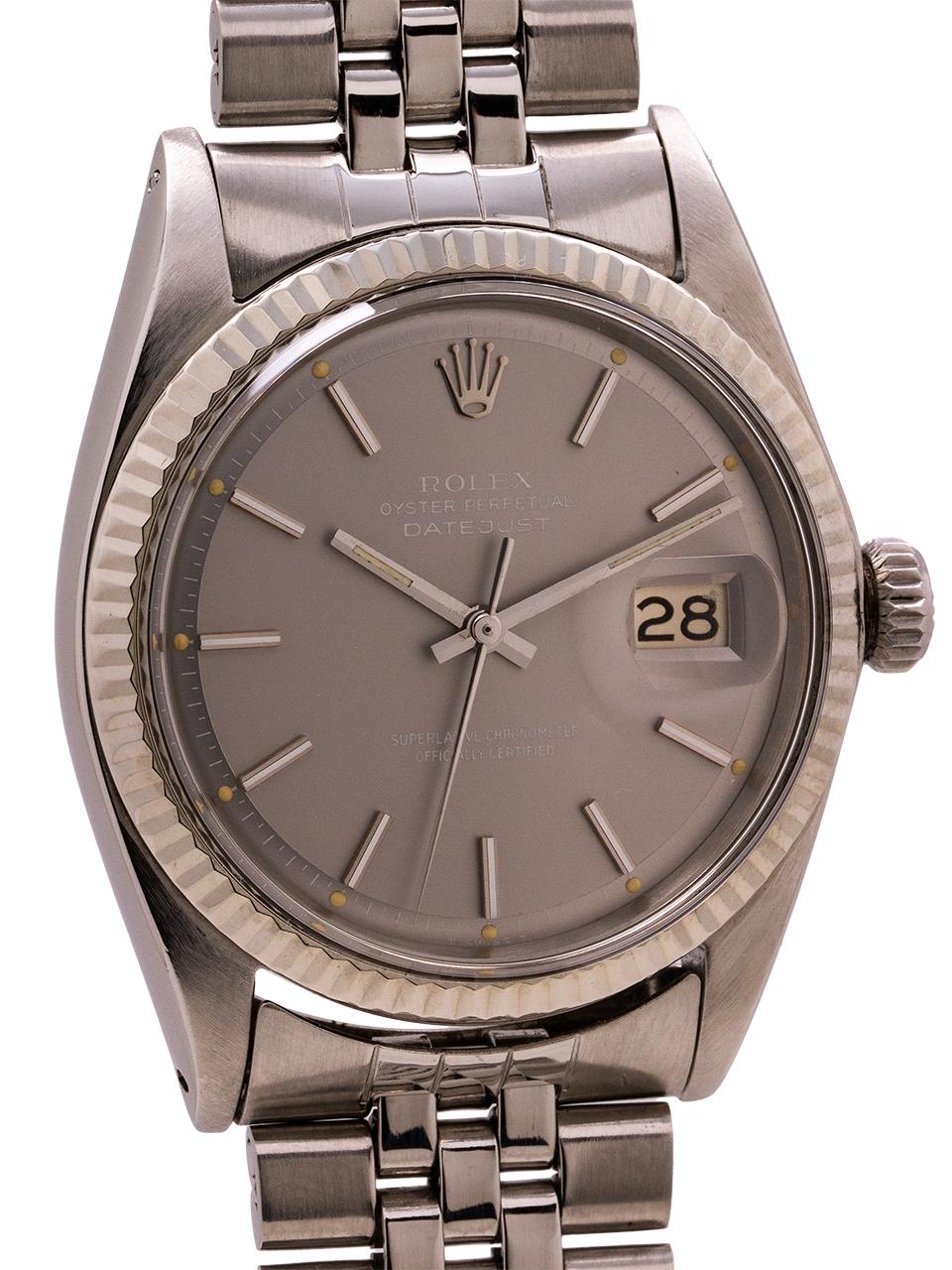 
Rolex Oyster Perpetual Datejust ref 1601 serial# 1,7 million circa 1967. Featuring a 36mm diameter case with 14K WG fluted bezel and acrylic crystal and original gray pie pan dial with applied silver indexes and silver baton hands. Powered by