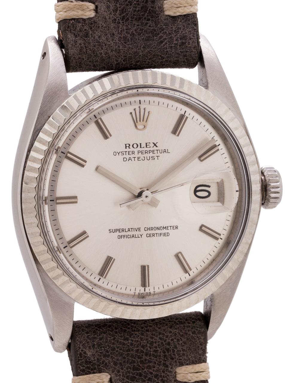 
Rolex Oyster Perpetual Datejust ref 1601 serial# 2.0 million circa 1969. Featuring a 36mm diameter case with 14K WG fluted bezel and acrylic crystal and original silver pie pan dial with applied silver indexes and silver baton hands. Powered by