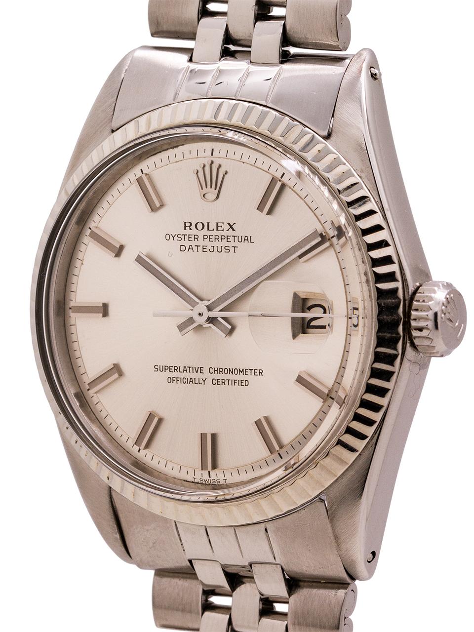
Rolex Oyster Perpetual Datejust ref 1601 serial# 2.6 million circa 1970. 36mm diameter case with 14K WG fluted bezel and acrylic crystal and original silver satin pie pan “Fat Boy” dial with wide applied silver indexes and silver baton hands. The