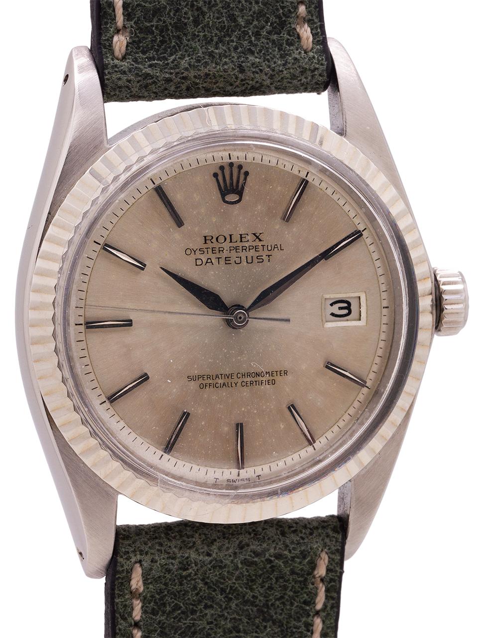  
Vintage man’s Rolex stainless steel Datejust ref# 1601 serial number 1.16 million, circa 1964. Featuring a 36mm diameter stainless steel Oyster case with 14K white gold fluted bezel, acrylic crystal and signed Rolex crown. Featuring a lovely