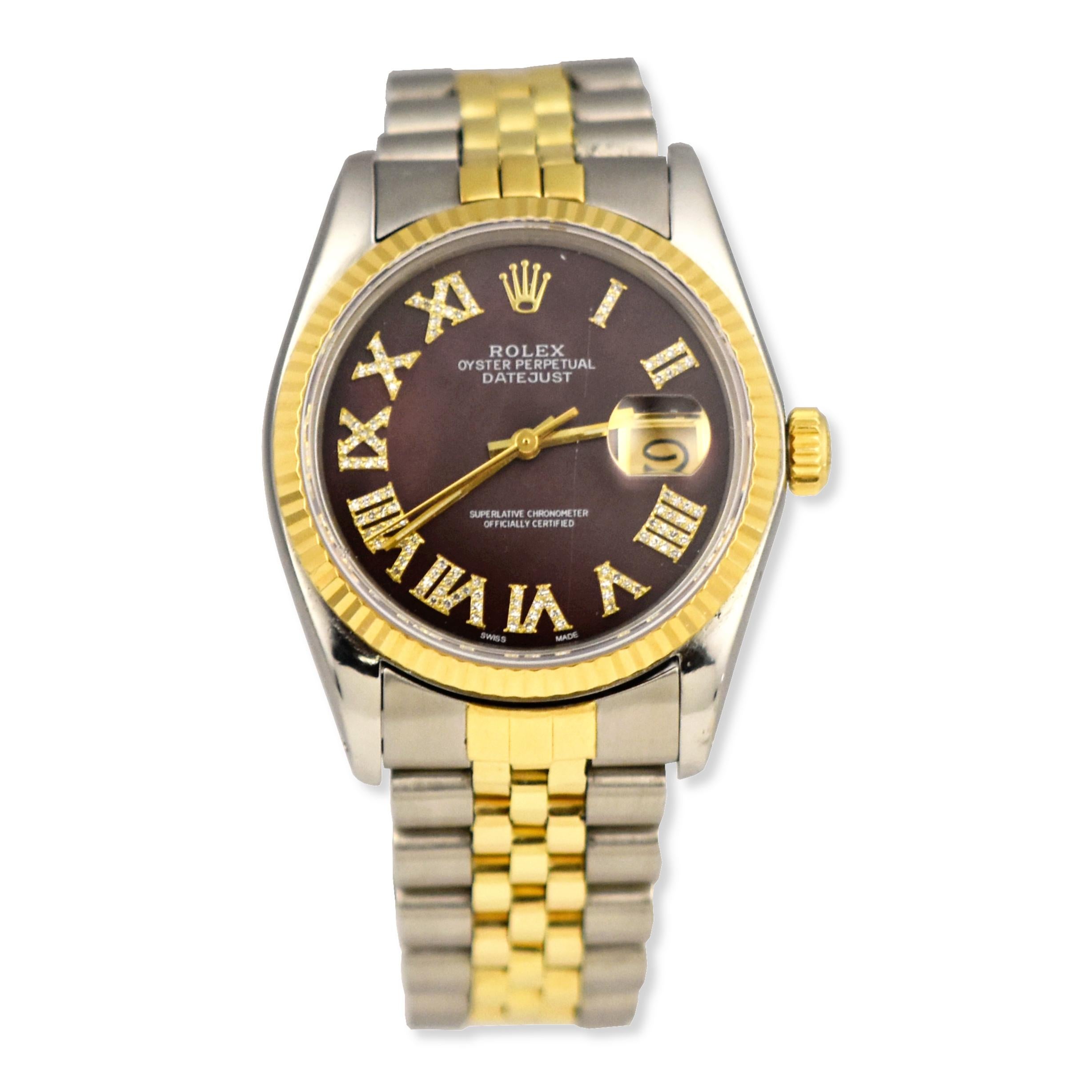 Model – Rolex Datejust
Model Reference - 16013
Movement – Rolex Automatic Movement
Bezel - 18K Yellow Gold Fluted Bezel
Dial Color– Burgundy
Hour Markers– Diamond Roman Numerals
Case Size – 36mm
Crystal - Scratch-resistant Sapphire Crystal 
Bracelet