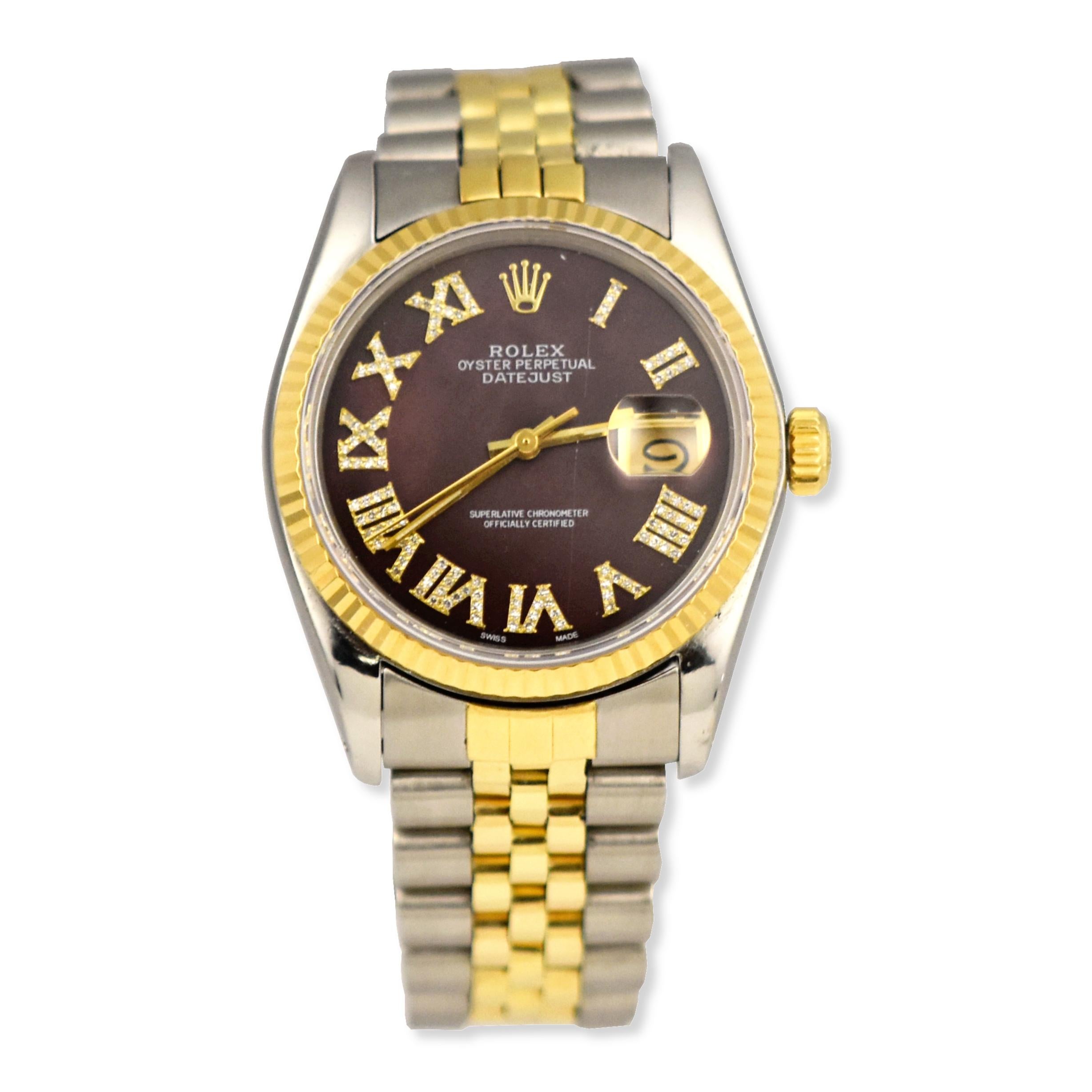 Modell - Rolex Datejust
Modellbezeichnung - 16013
Uhrwerk - Rolex Automatikwerk
Lünette - 18K Gelbgold geriffelte Lünette
Zifferblattfarbe - Burgunderrot
Stundenmarkierungen - Römische Ziffern
Gehäusegröße - 36mm
Glas - Kratzfestes Saphirglas